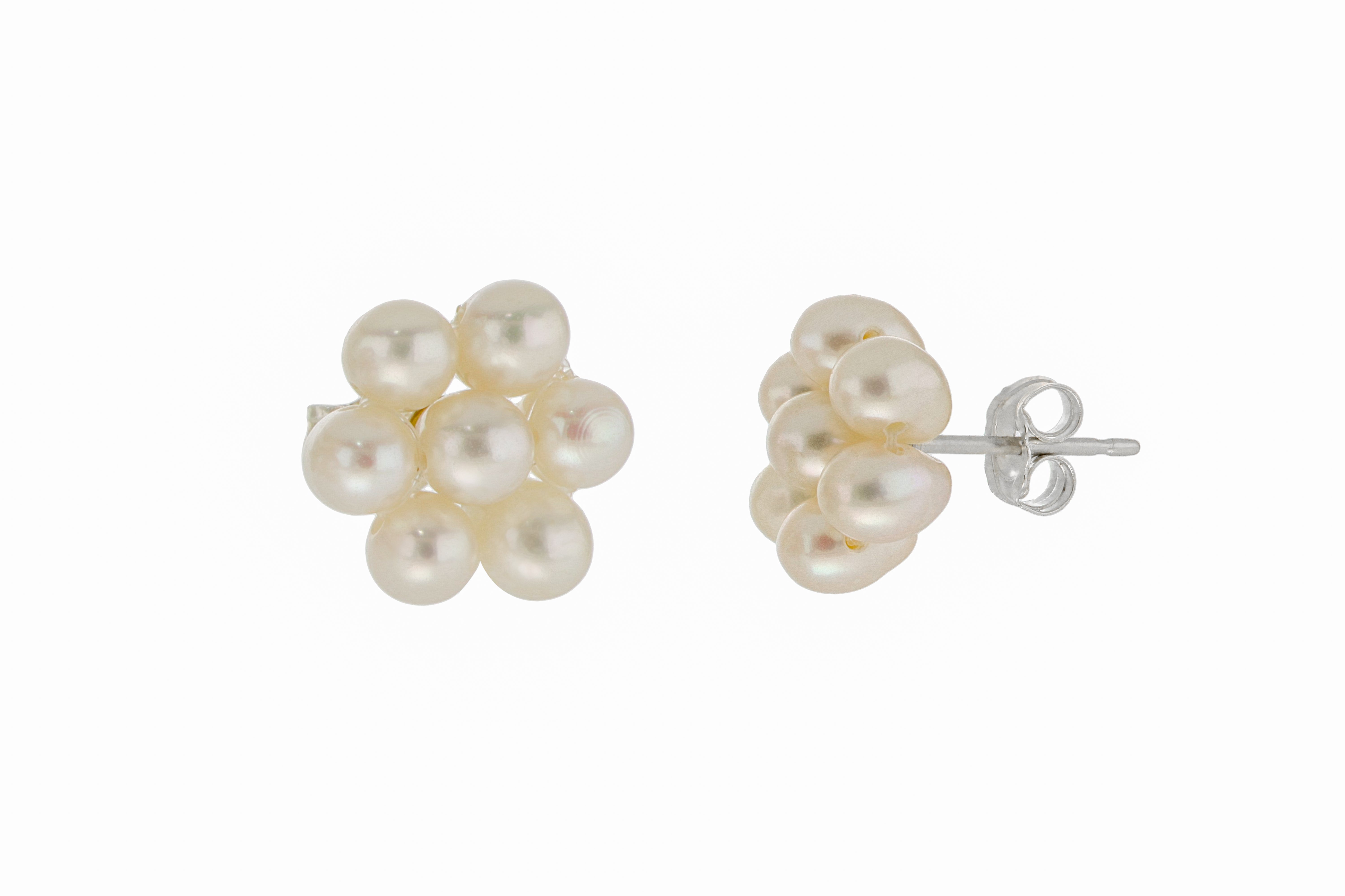 Aretes de perlas cultivadas Blancas tejidas de 3.5mm en forma de Flor, Diámetro total 11.5mm