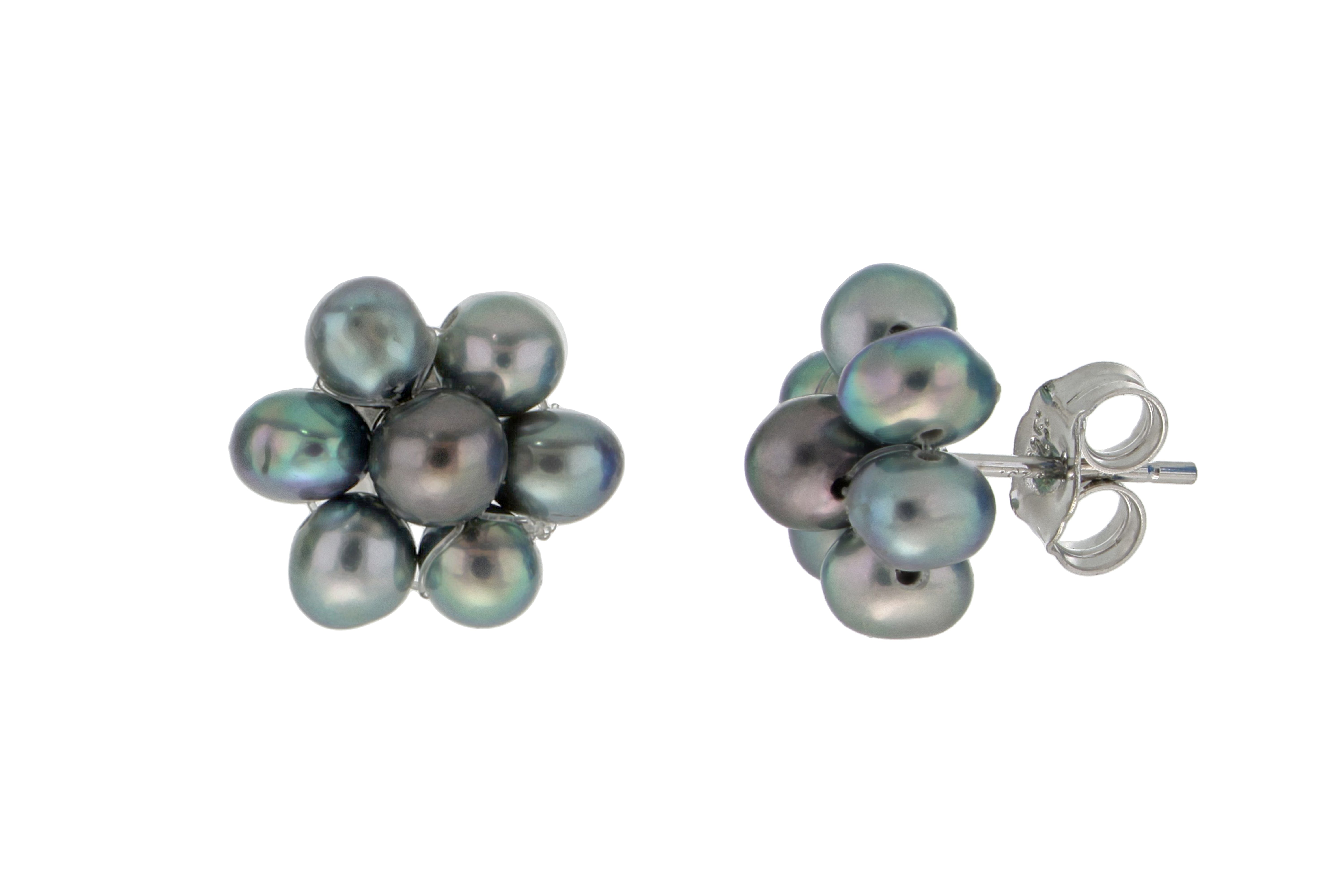 Aretes de perlas cultivadas Negro Tornasol tejidas de 3.5mm en forma de Flor, Diámetro total 11.5mm