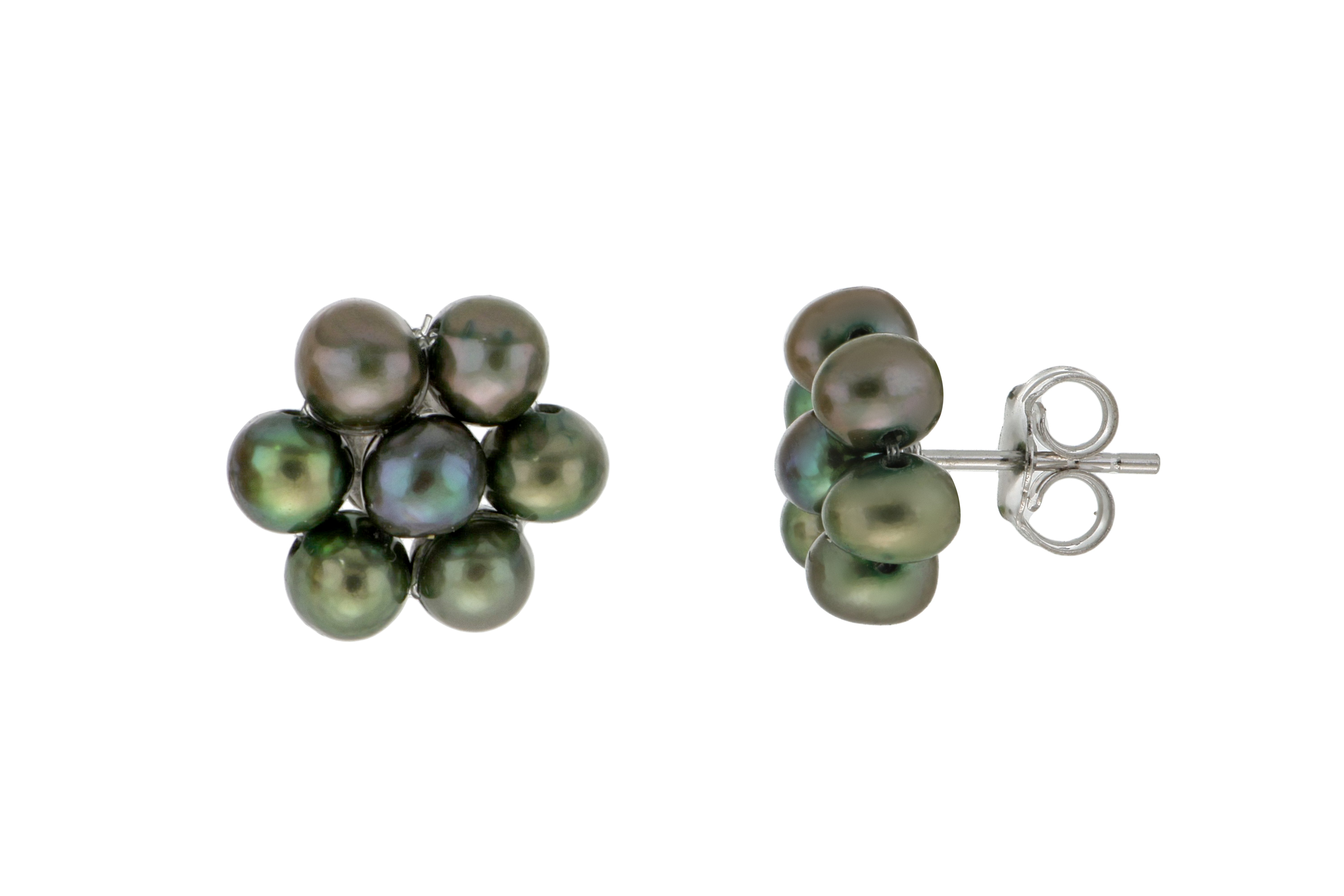 Aretes de perlas cultivadas Verde tejidas de 3.5mm en forma de Flor, Diámetro total 11.5mm