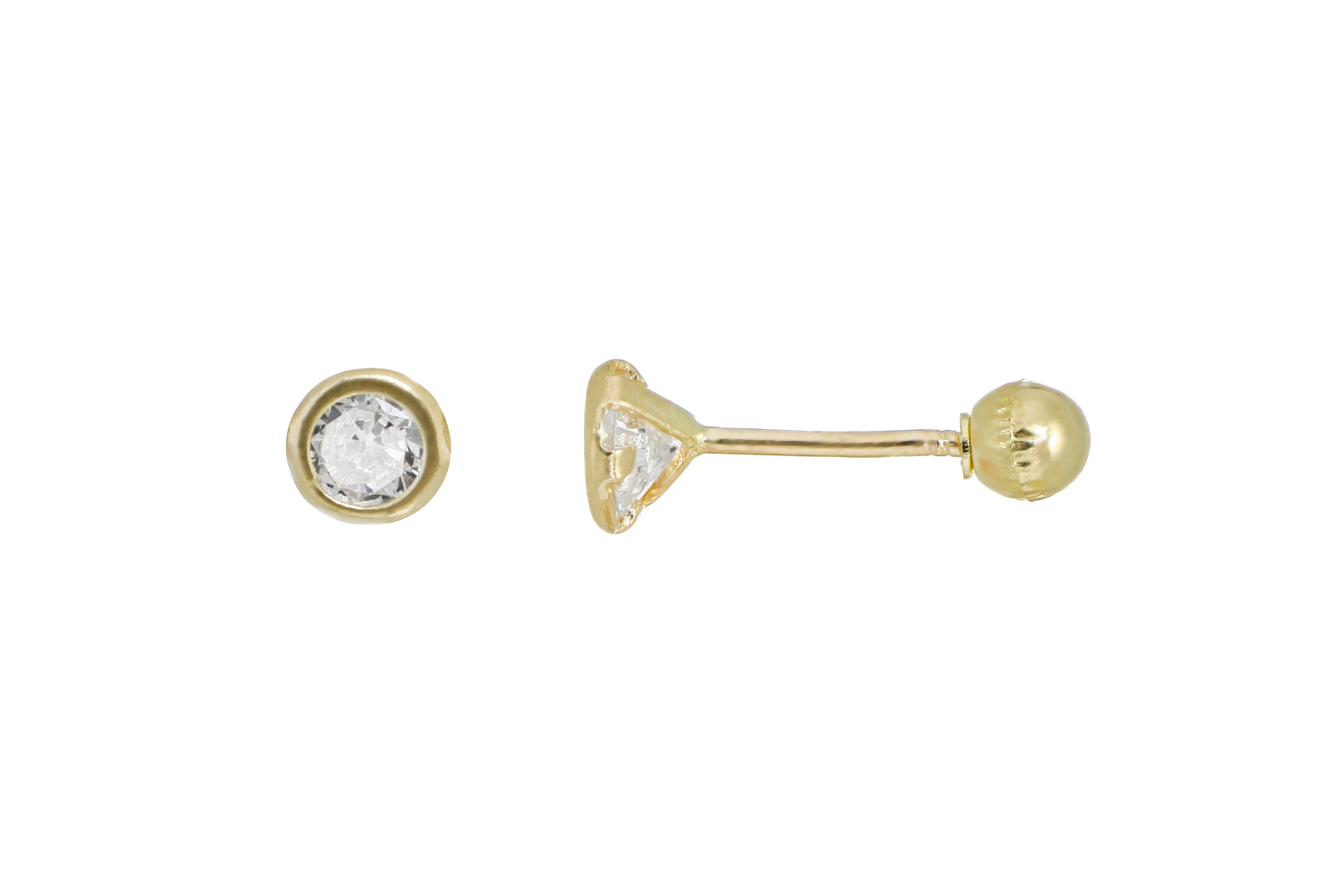 Aretes Broquel de Oro 10K – Cristal Redondo de 3mm con Bisel – Diseño Minimalista y Sofisticado