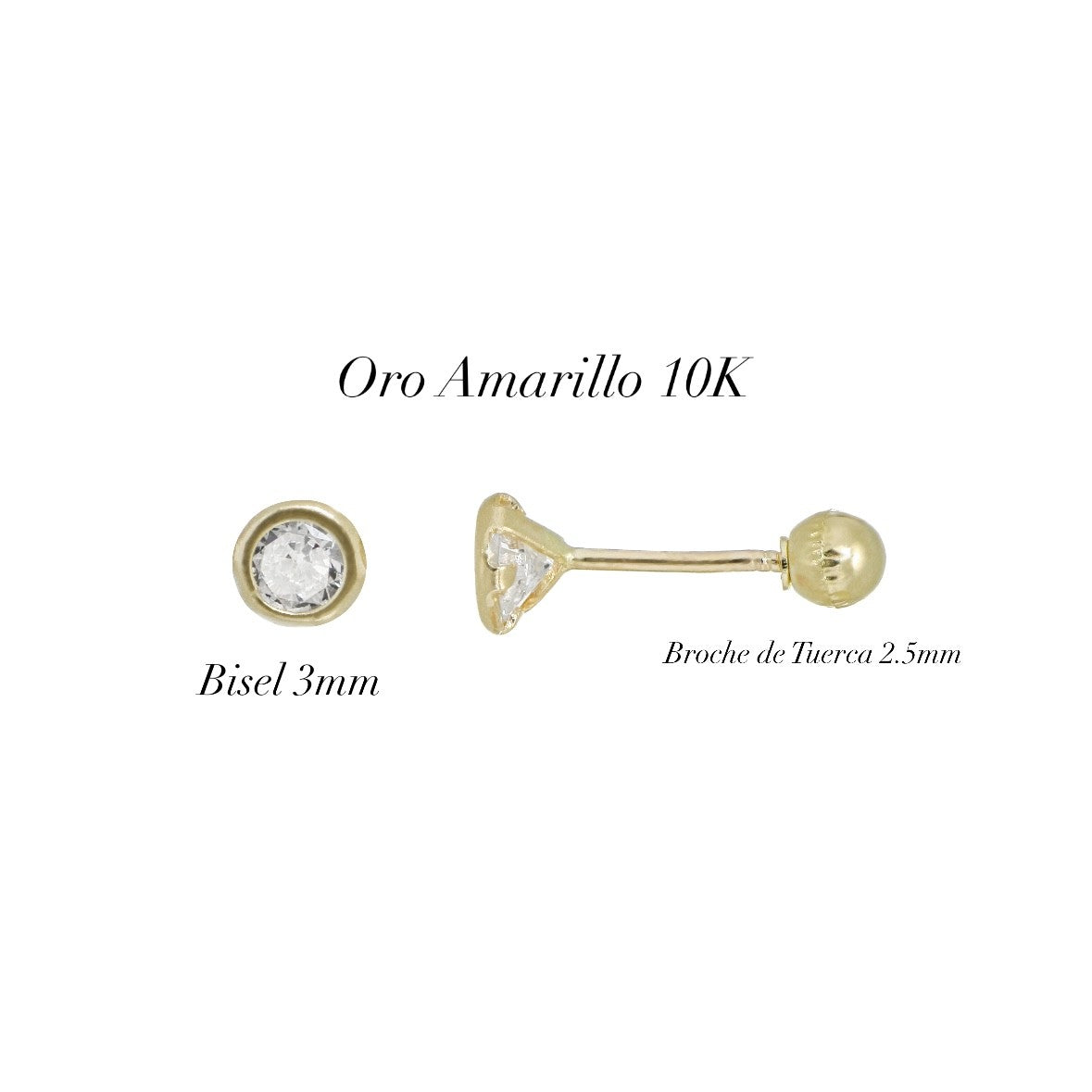 Aretes Broquel de Oro 10K – Cristal Redondo de 3mm con Bisel – Diseño Minimalista y Sofisticado
