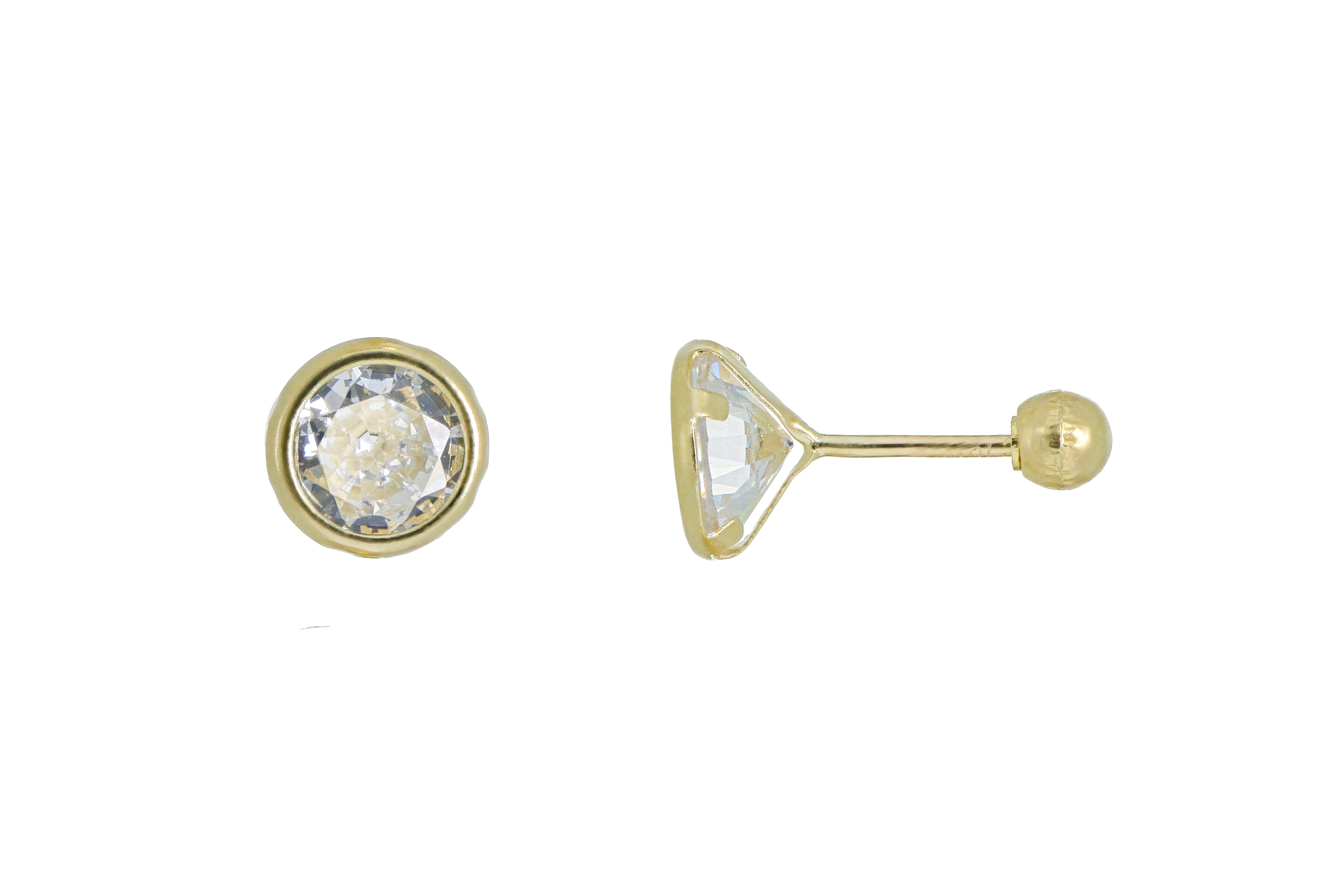 Aretes Broquel de Oro 10K - Cristal Redondo de 5mm Diseño Clásico con Bisel - Brillante Dulzura Romántica Artesanal