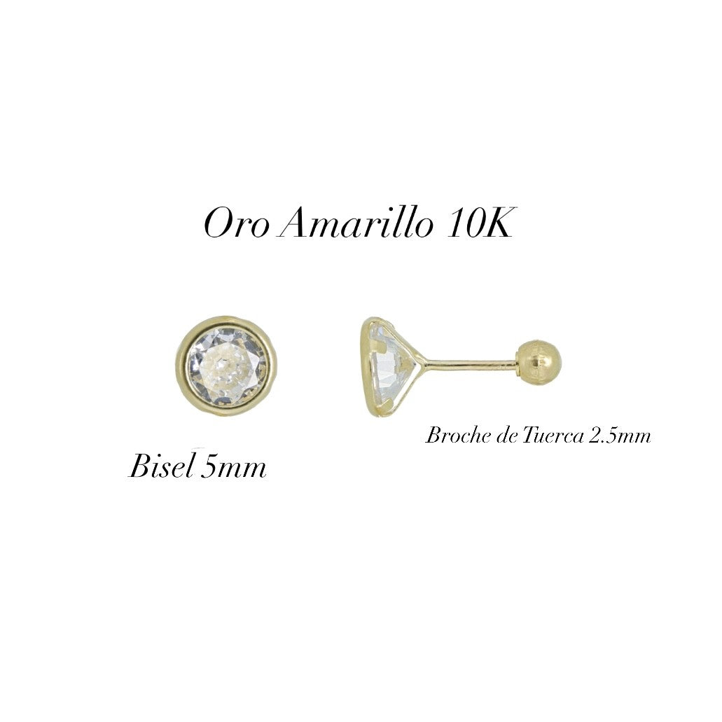 Aretes Broquel de Oro 10K - Cristal Redondo de 5mm Diseño Clásico con Bisel - Brillante Dulzura Romántica Artesanal