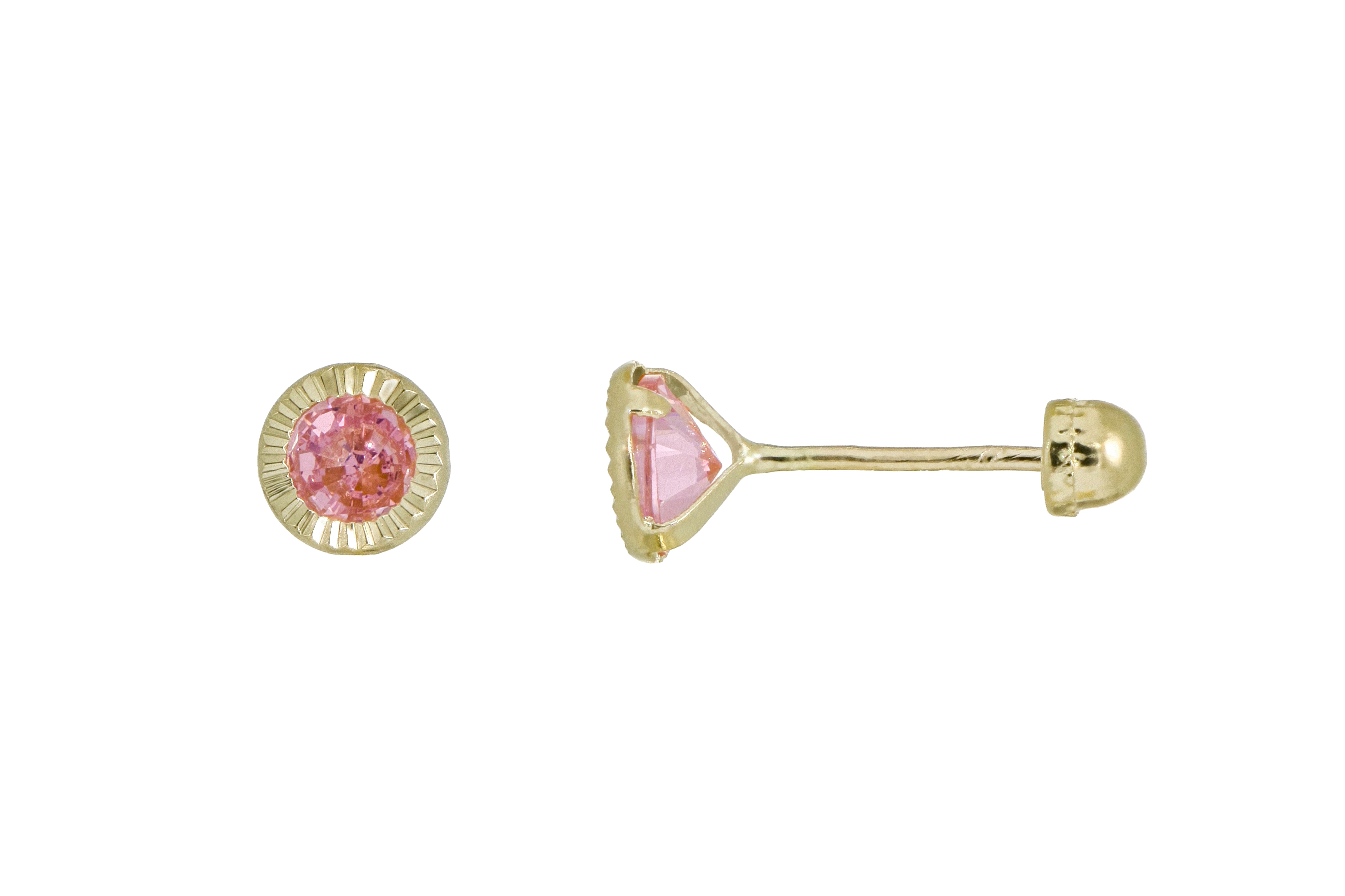 Aretes Broquel de Oro 10K – Cristal Rosa de 4mm con Bisel Facetado – Dulzura Romántica con Brillo Elegante