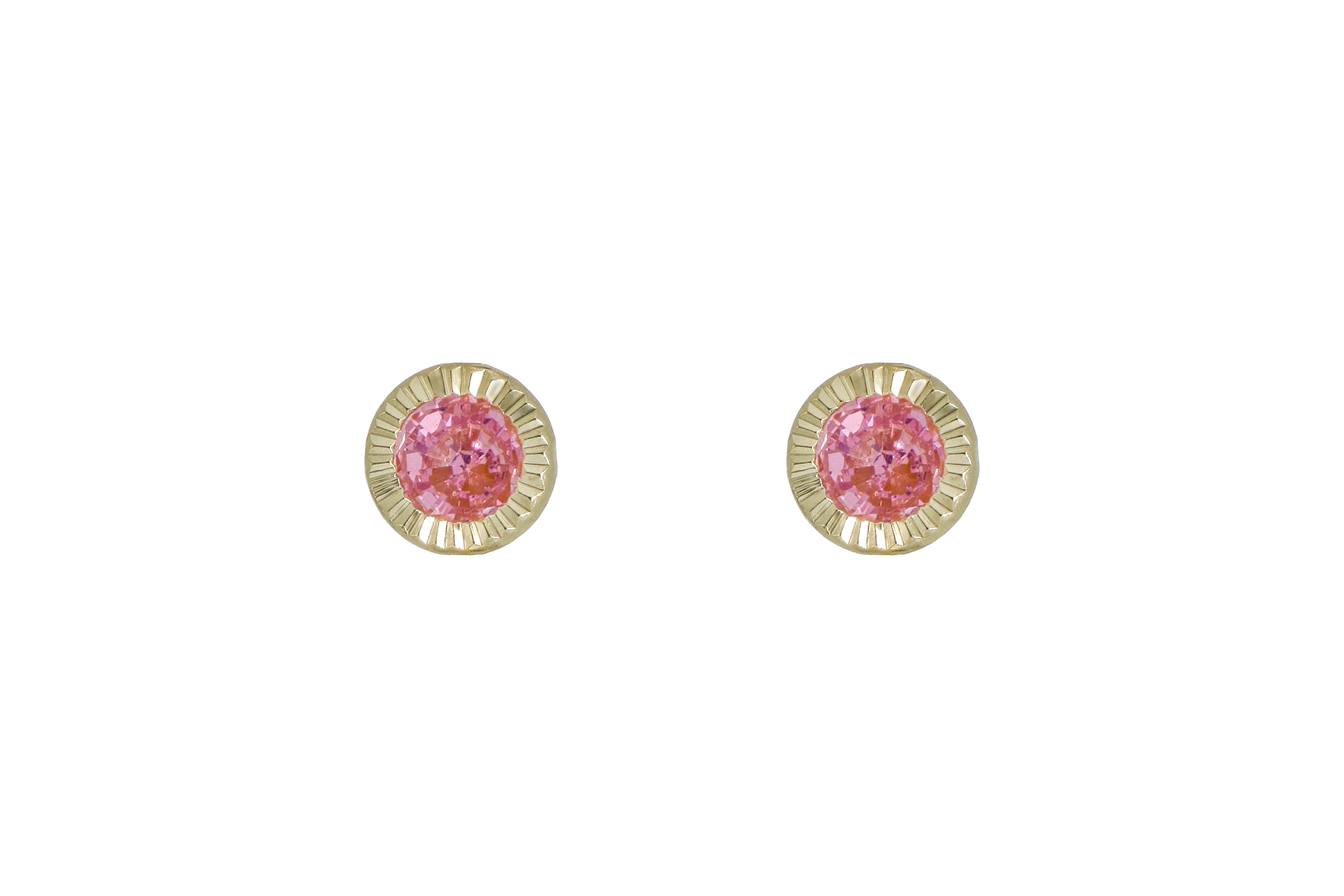 Aretes Broquel de Oro 10K – Cristal Rosa de 4mm con Bisel Facetado – Dulzura Romántica con Brillo Elegante