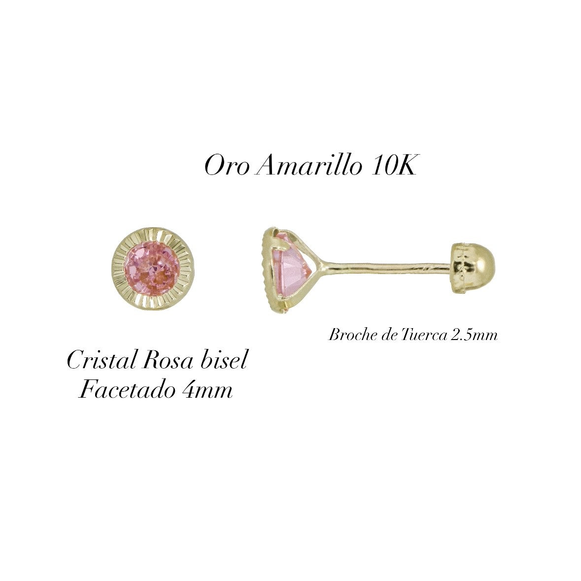 Aretes Broquel de Oro 10K – Cristal Rosa de 4mm con Bisel Facetado – Dulzura Romántica con Brillo Elegante