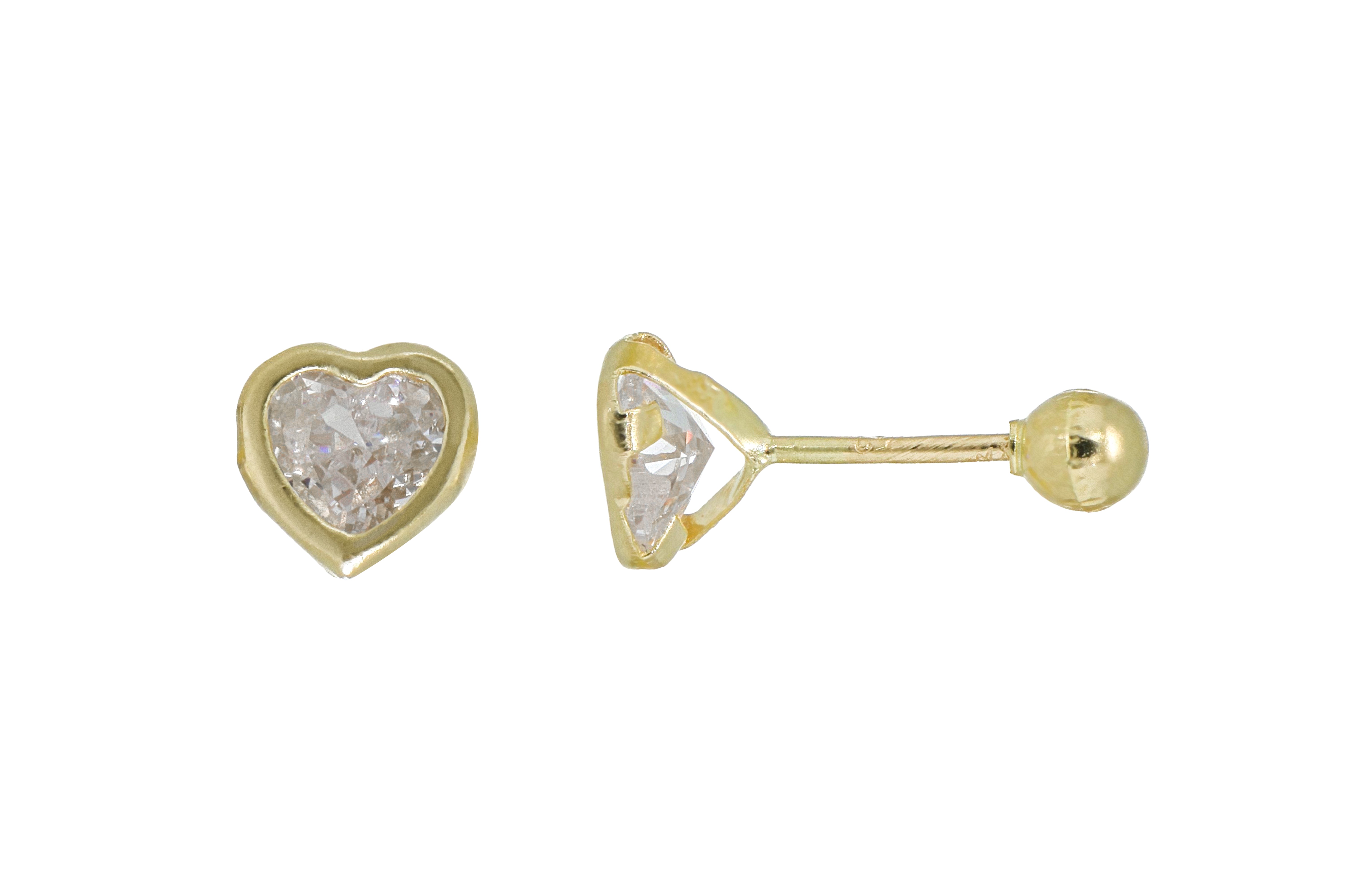 Aretes Broquel de Oro 10K – Cristal en Forma de Corazon 4mm con Bisel – Diseño Sofisticado y Romántico