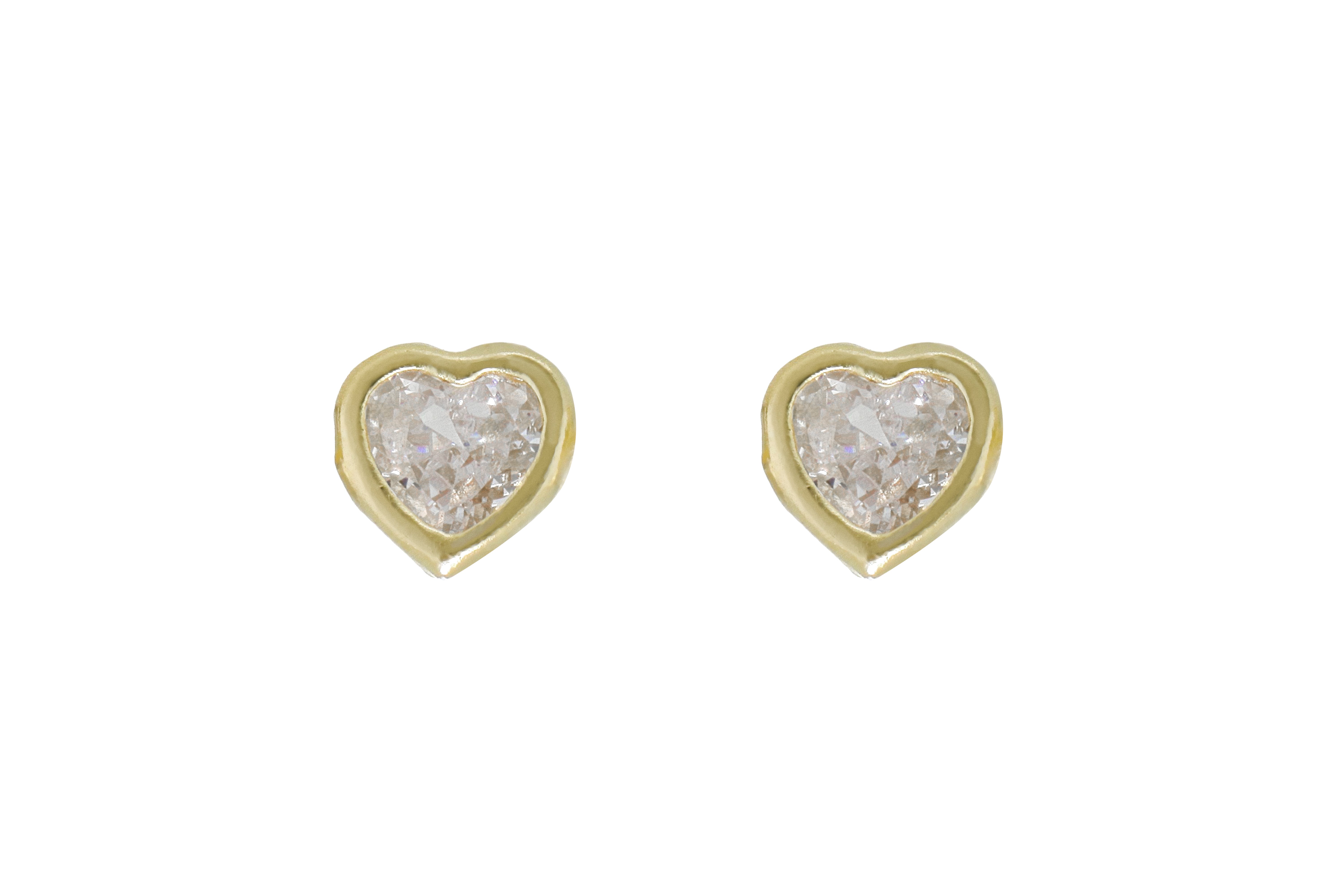 Aretes Broquel de Oro 10K – Cristal en Forma de Corazon 4mm con Bisel – Diseño Sofisticado y Romántico