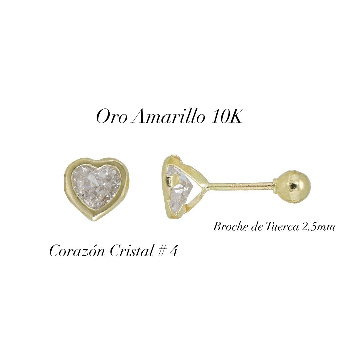 Aretes Broquel de Oro 10K – Cristal en Forma de Corazon 4mm con Bisel – Diseño Sofisticado y Romántico