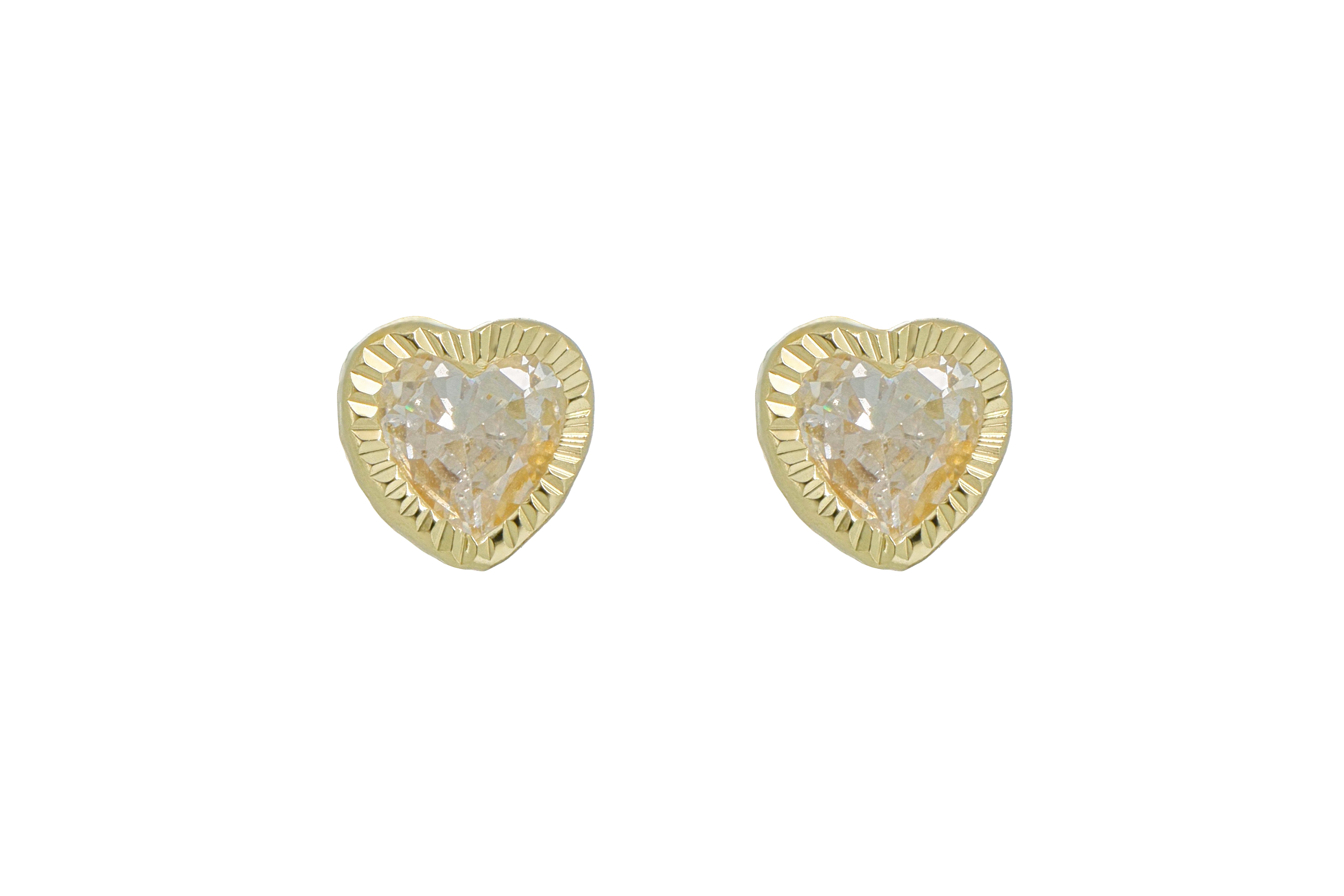 Aretes Broquel de Oro 10K – Corazón de Cristal 5.5mm con Bisel Facetado #5 – Diseño Romántico y Elegante
