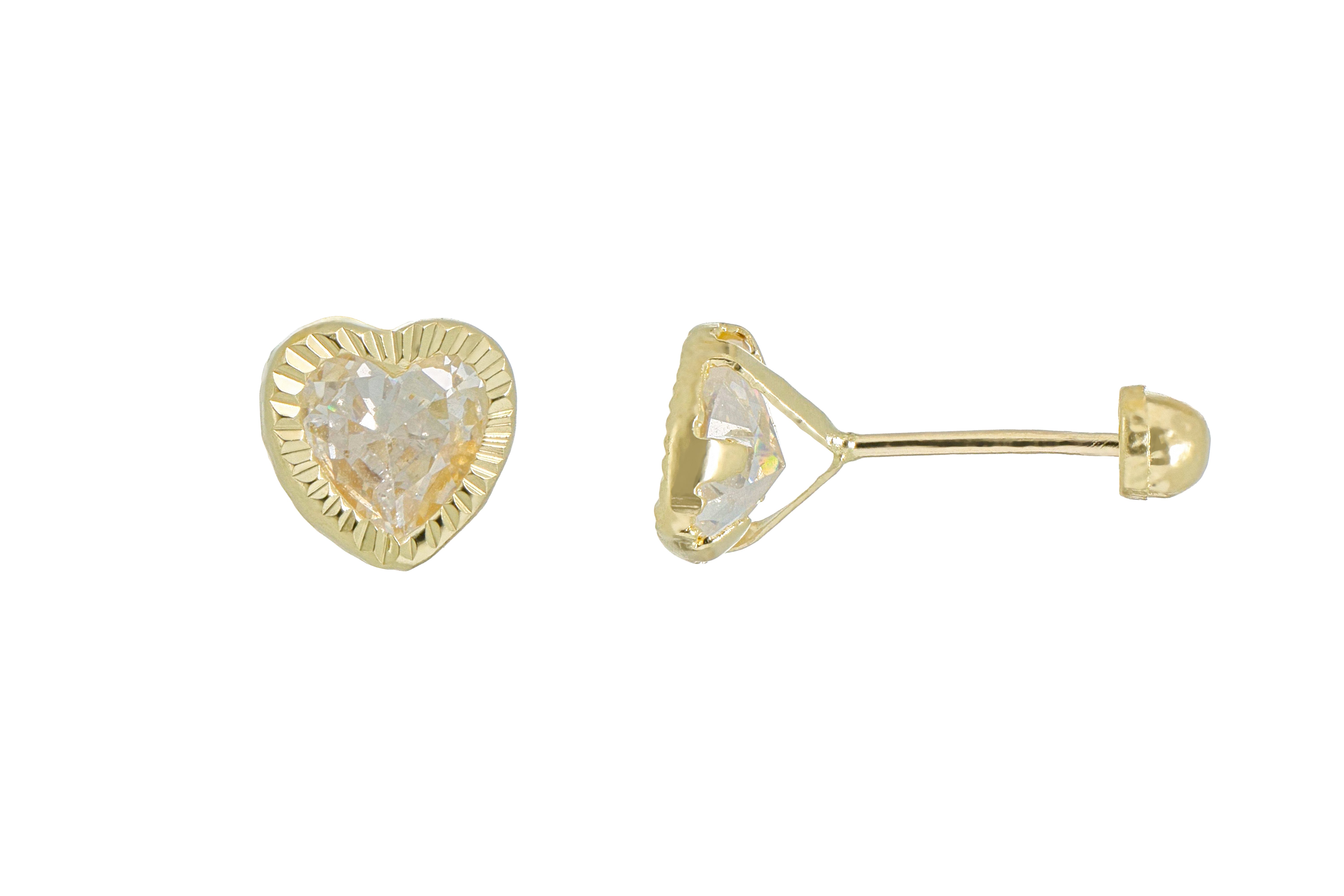 Aretes Broquel de Oro 10K – Corazón de Cristal 5.5mm con Bisel Facetado #5 – Diseño Romántico y Elegante