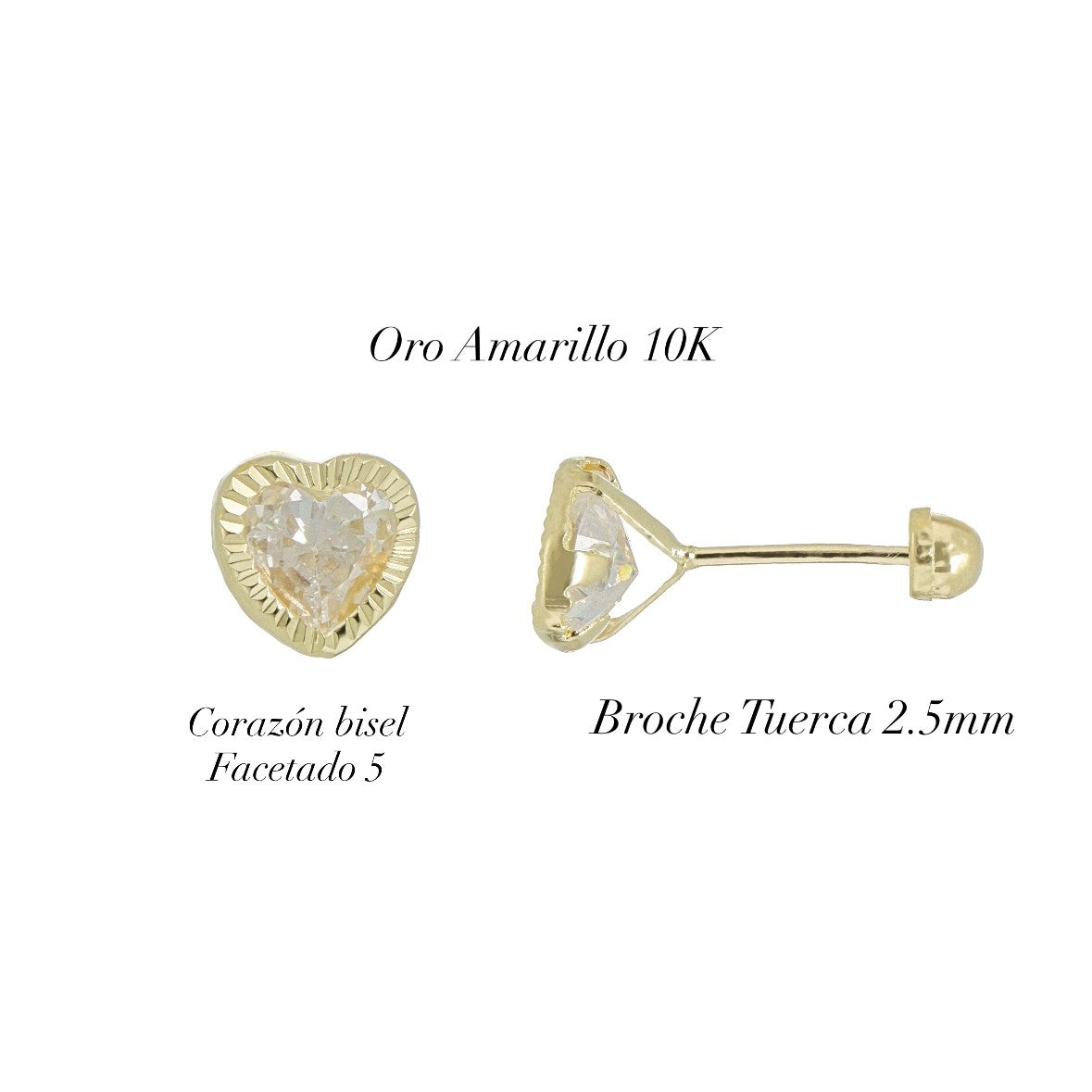 Aretes Broquel de Oro 10K – Corazón de Cristal 5.5mm con Bisel Facetado #5 – Diseño Romántico y Elegante