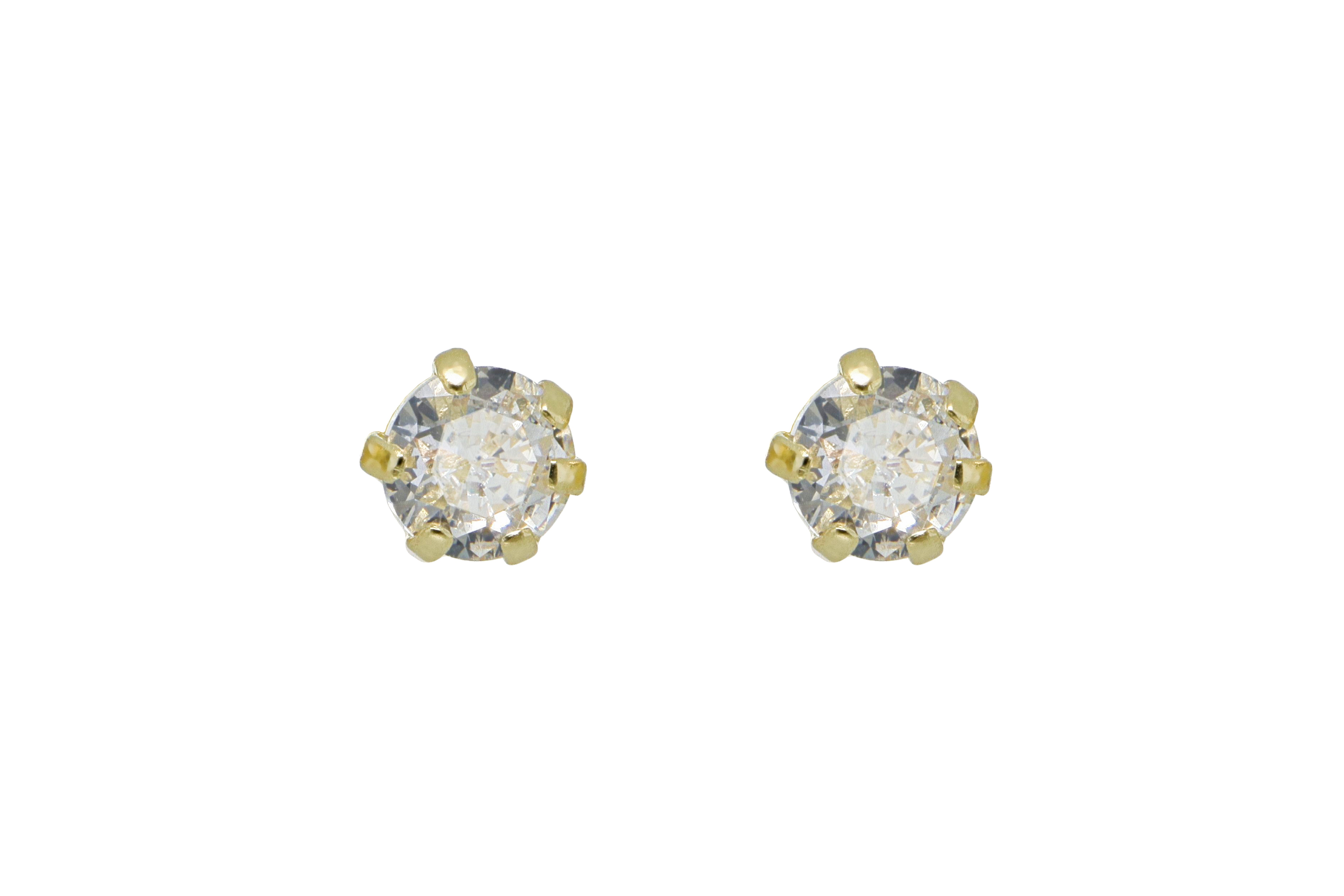 Aretes Broquel de Oro 10K – Cristal Redondo 4mm en Montaje de 6 Uñas – Brillo Clásico y Sofisticado