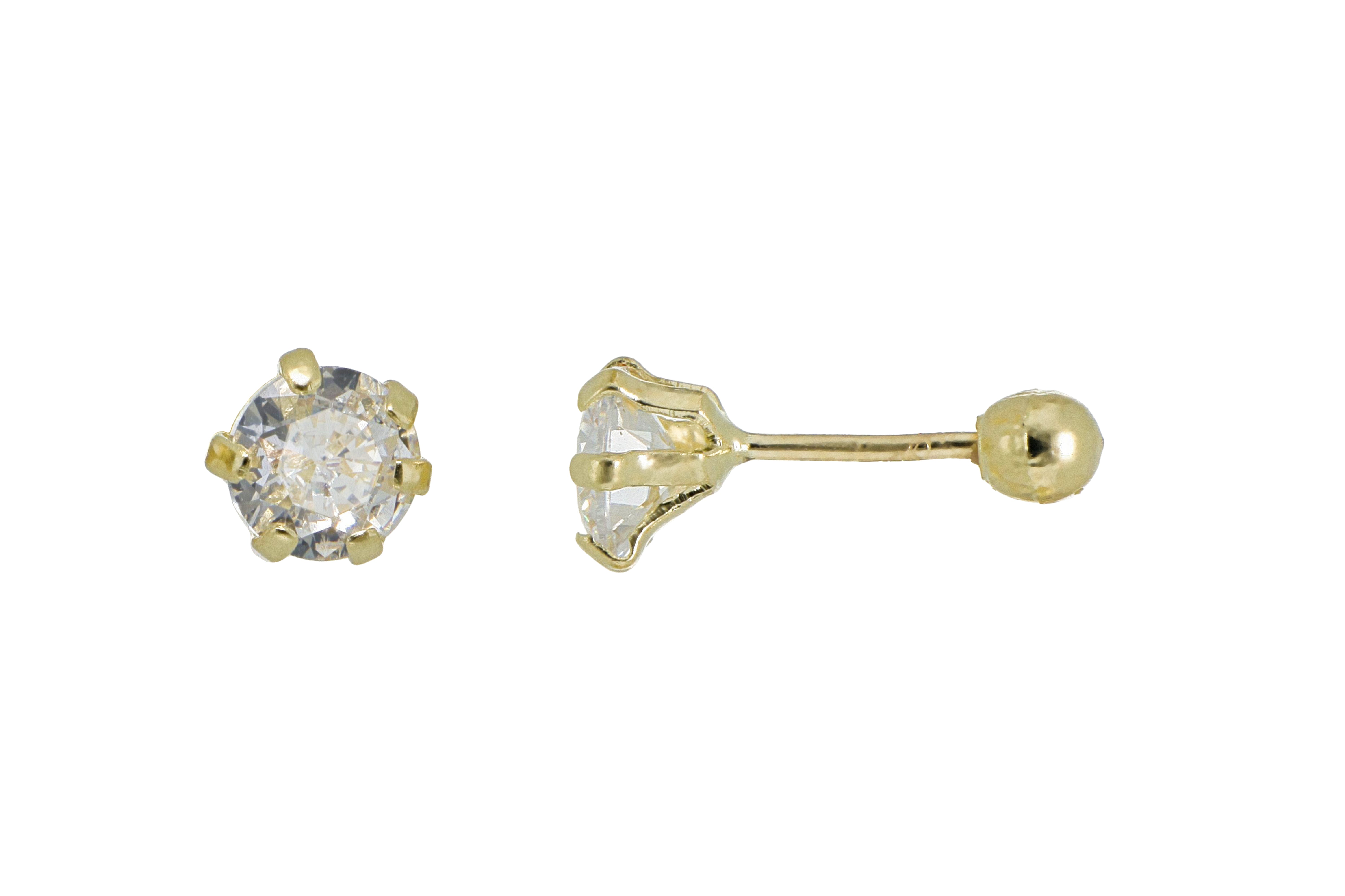Aretes Broquel de Oro 10K – Cristal Redondo 4mm en Montaje de 6 Uñas – Brillo Clásico y Sofisticado