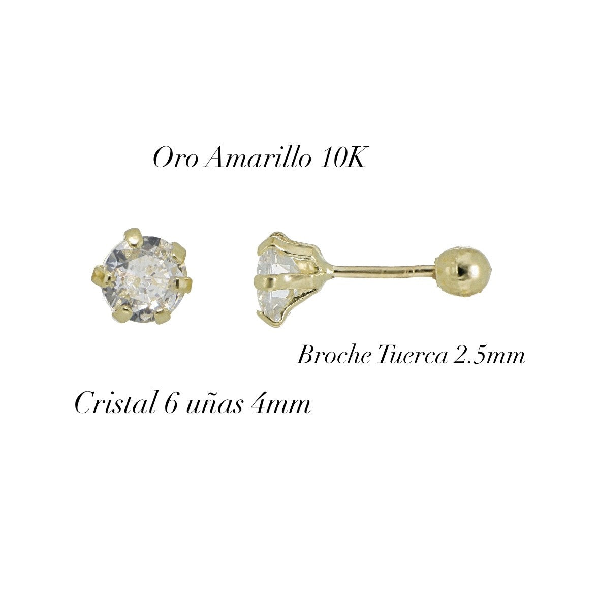 Aretes Broquel de Oro 10K – Cristal Redondo 4mm en Montaje de 6 Uñas – Brillo Clásico y Sofisticado