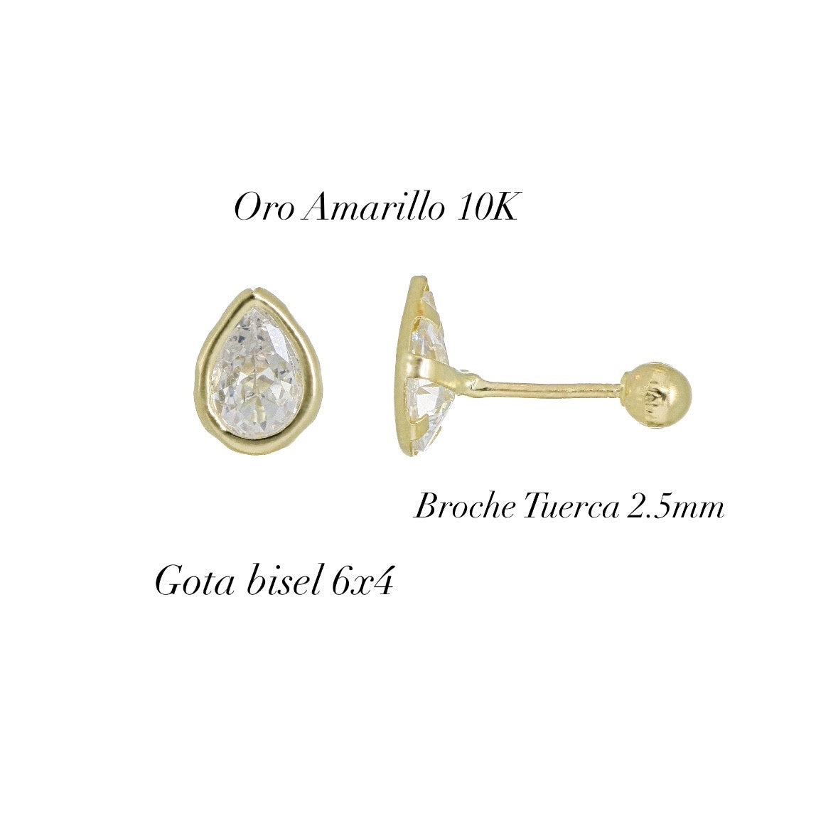 Aretes Broquel de Oro 10K – Gota de Cristal de 6x4mm con Bisel – Diseño Sofisticado y Romántico