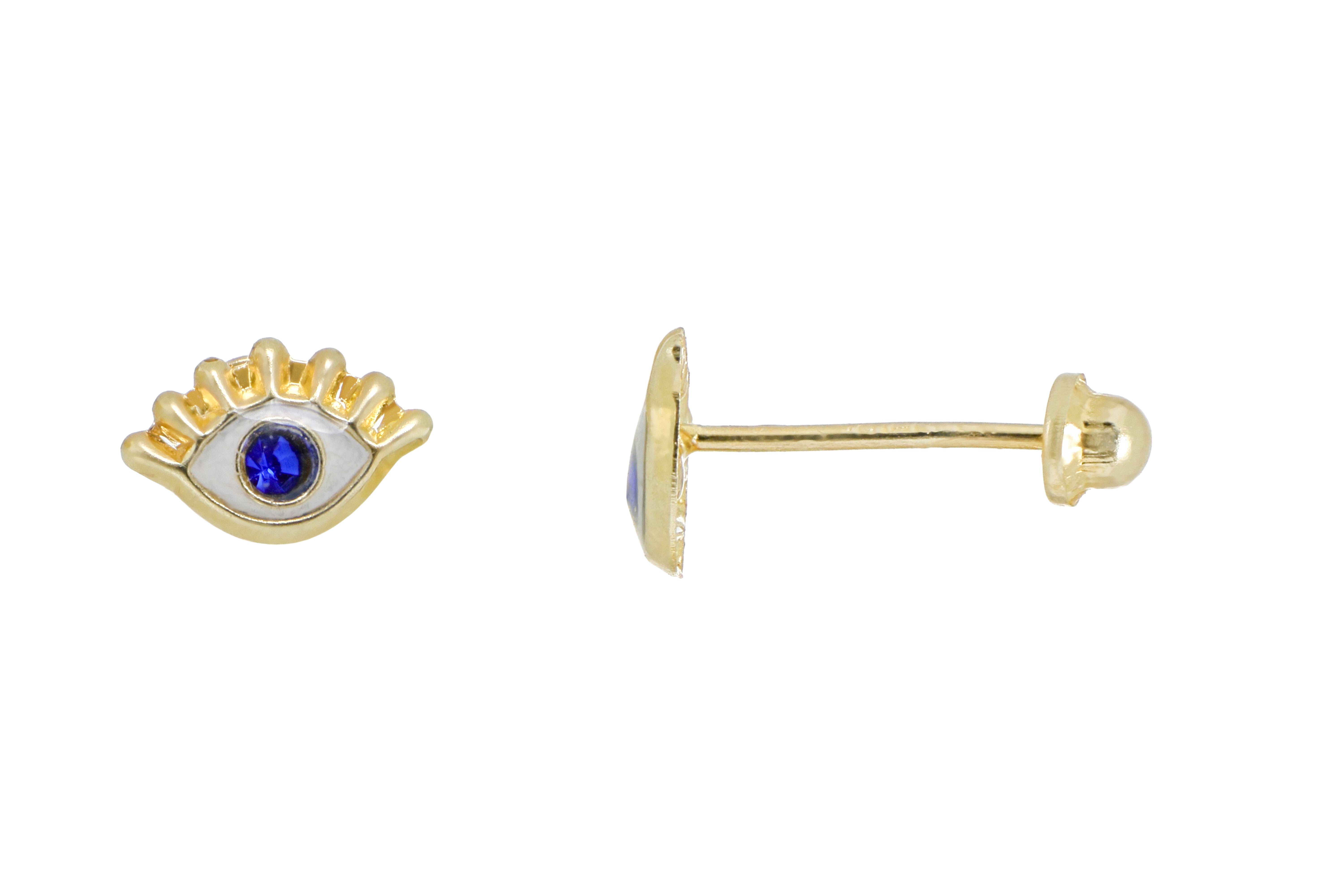 Aretes Broquel de Oro Genuino 10K – Ojo Turco de 7x4.5mm – Tuerca Bolita 2.5mm – Elegantes y Discretos