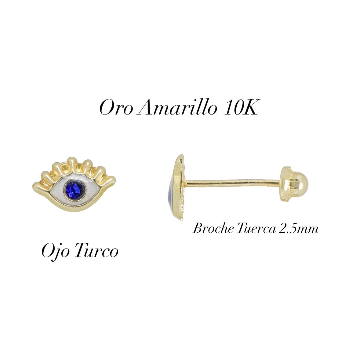 Aretes Broquel de Oro Genuino 10K – Ojo Turco de 7x4.5mm – Tuerca Bolita 2.5mm – Elegantes y Discretos