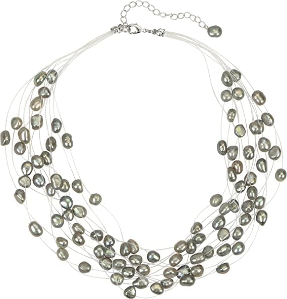 Collar de 12 hilos de Perlas Cultivadas Gris en metal con cadena de extension