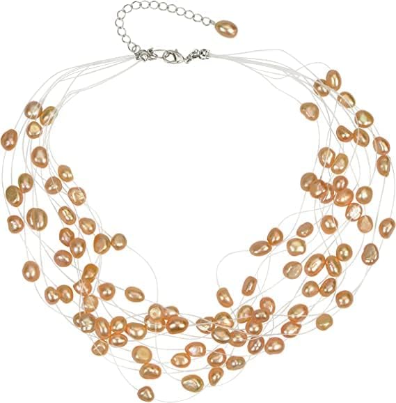 Collar de 12 hilos de Perlas Cultivadas Durazno en metal con cadena de extension