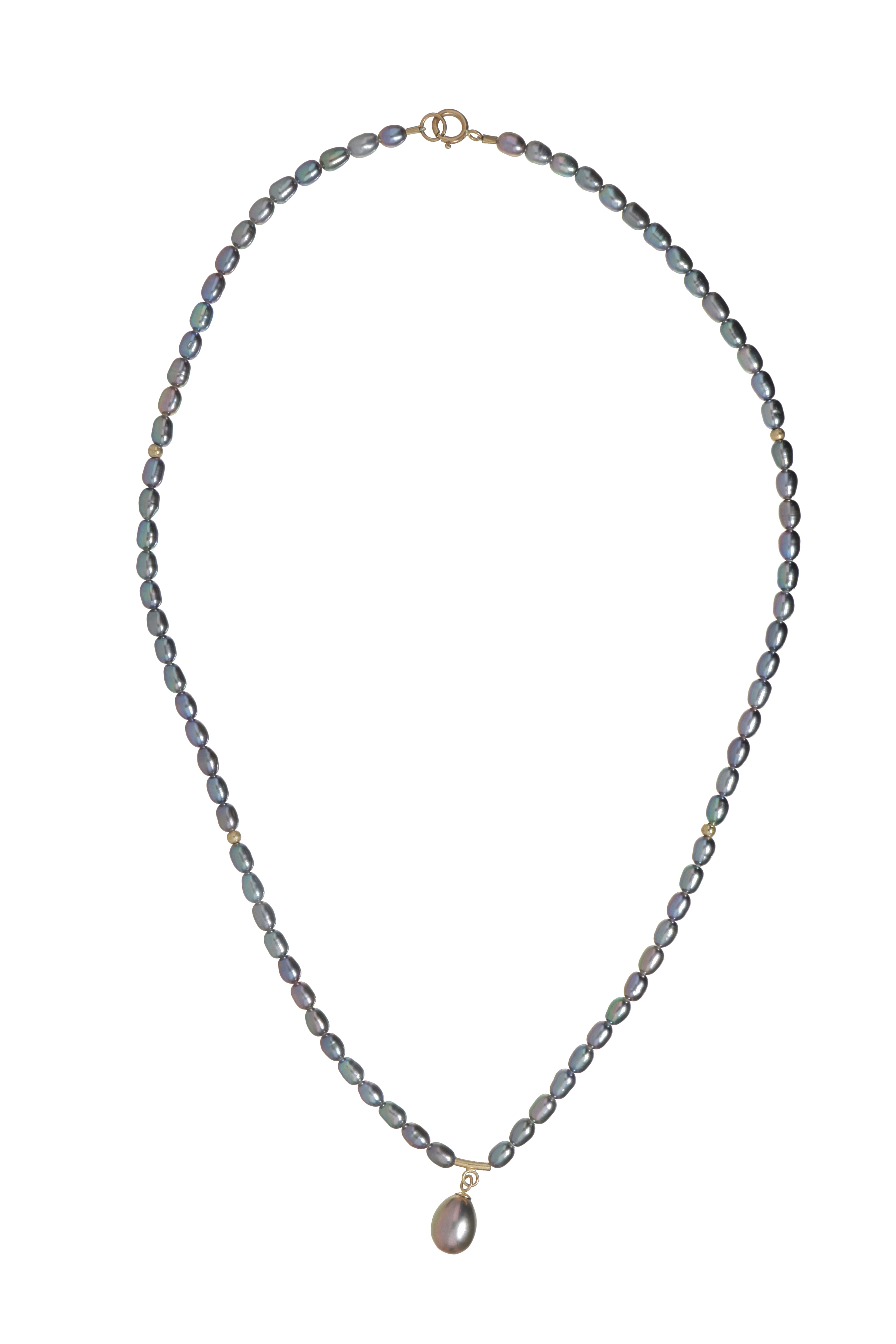 Collar de Perlas Cultivadas Negras Tornasol de 3mm con Perla Gota en Oro Amarillo de 14K - 40cm