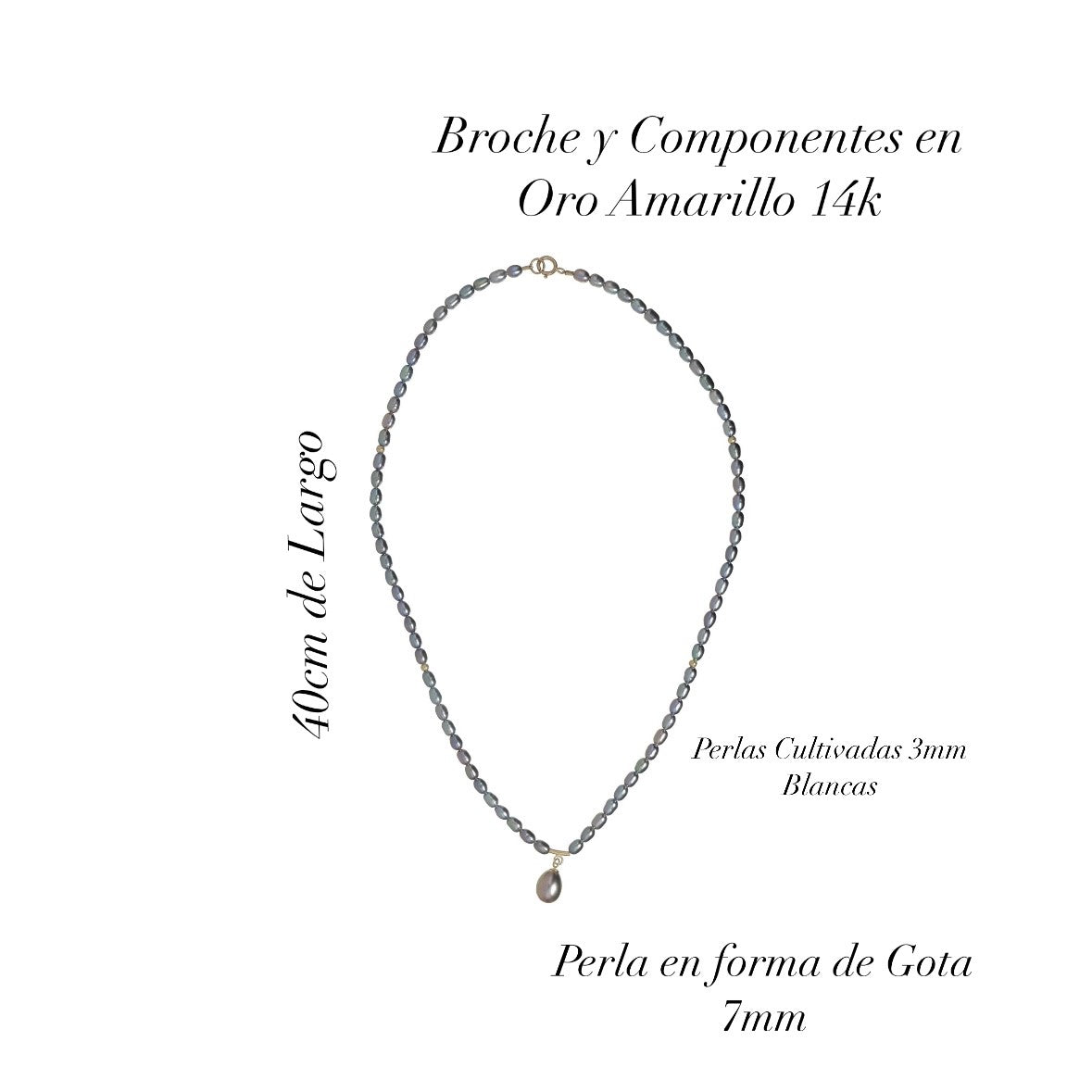 Collar de Perlas Cultivadas Negras Tornasol de 3mm con Perla Gota en Oro Amarillo de 14K - 40cm
