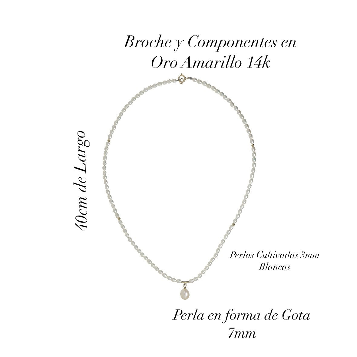 Collar de Perlas Cultivadas de 3mm con Perla Gota en Oro Amarillo de 14K - 40cm