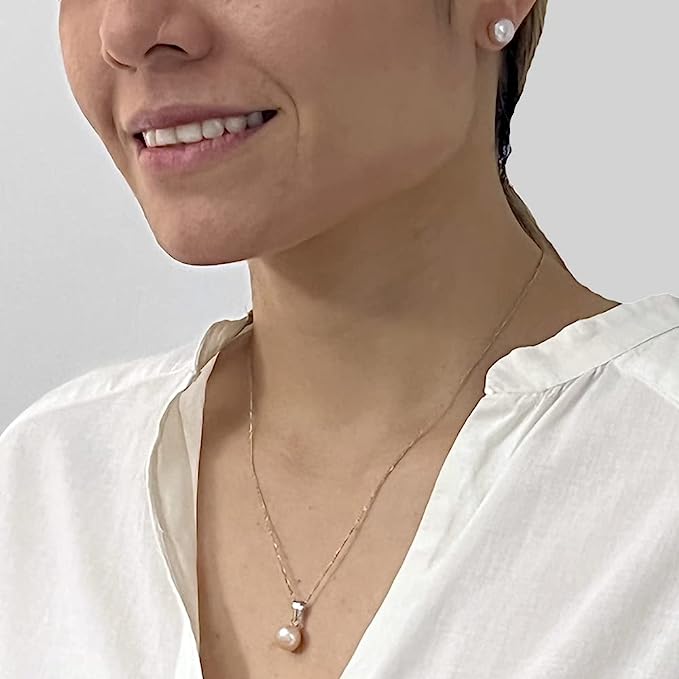 Juego de Aretes y Dije de Perla Cultivada AAA Beige de 9-10mm con cadena de Plata .925 Ley
