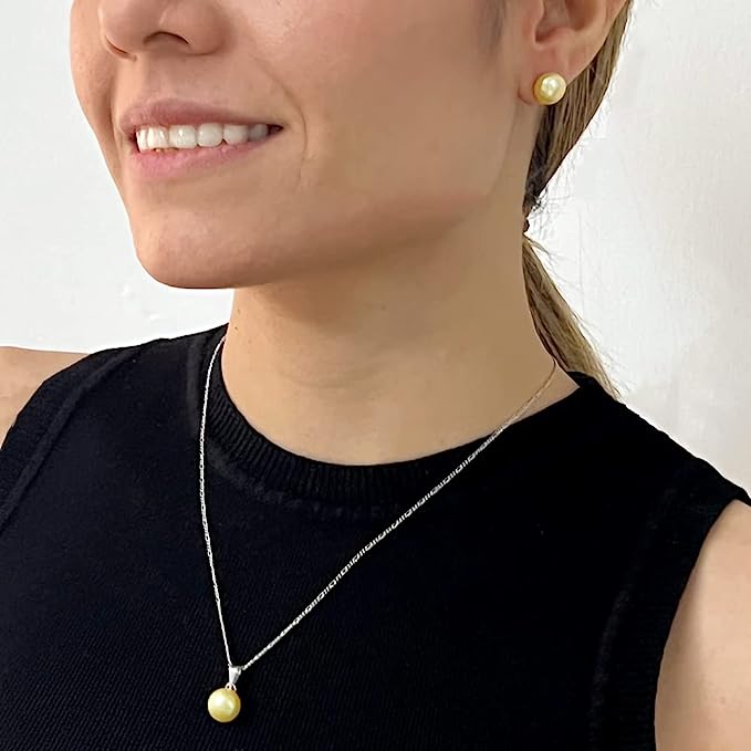 Juego de Aretes y Dije de Perla Cultivada AAA amarilla de 9-10mm con cadena de Plata .925 Ley
