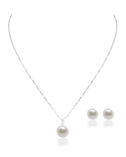 Juego de Aretes y Dije de Perla Cultivada AAA blanca de 9-10mm con cadena de Plata .925 Ley