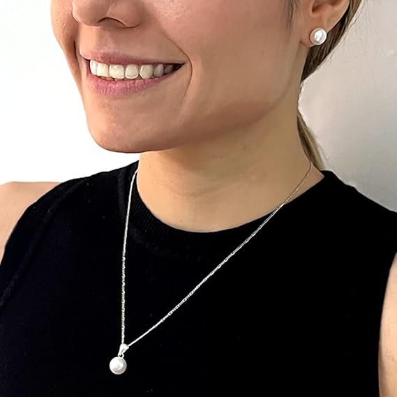 Juego de Aretes y Dije de Perla Cultivada AAA blanca de 9-10mm con cadena de Plata .925 Ley