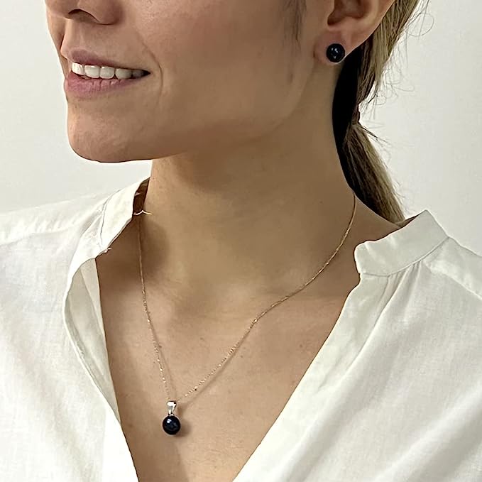 Juego de Aretes y Dije de Perla Cultivada AAA Tornasol Negra de 9-10mm con cadena de Plata .925 Ley
