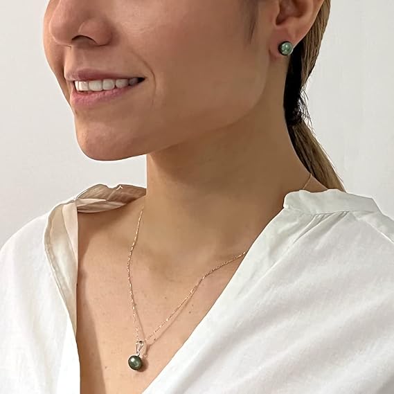 Juego de Aretes y Dije de Perla Cultivada Verde Militar de 9-10mm con cadena de Plata .925 Ley