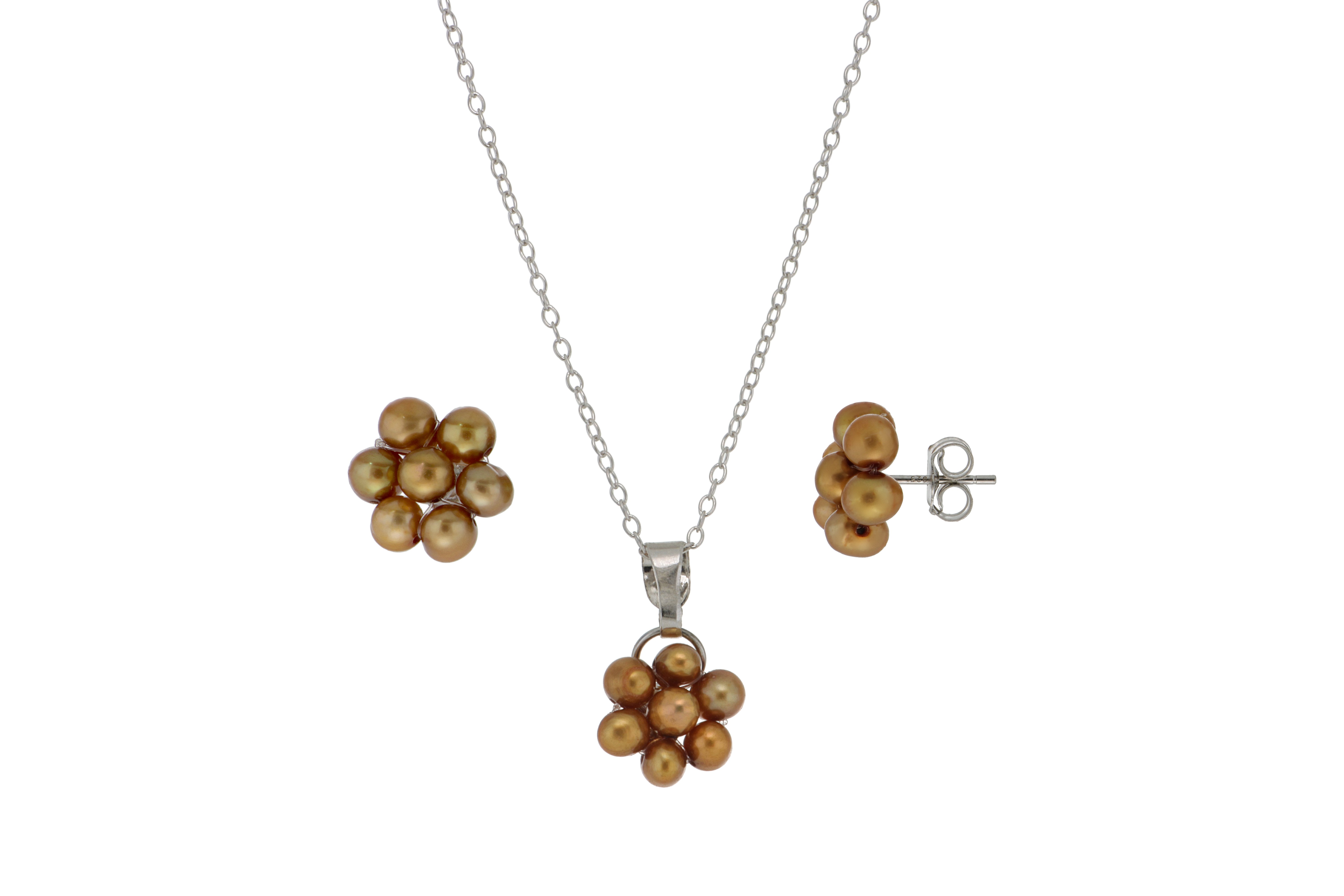 Juego de Aretes y Dije de Perlas Cultivadas Beige en Forma de flor en Plata.925 con Cadena de 46cm