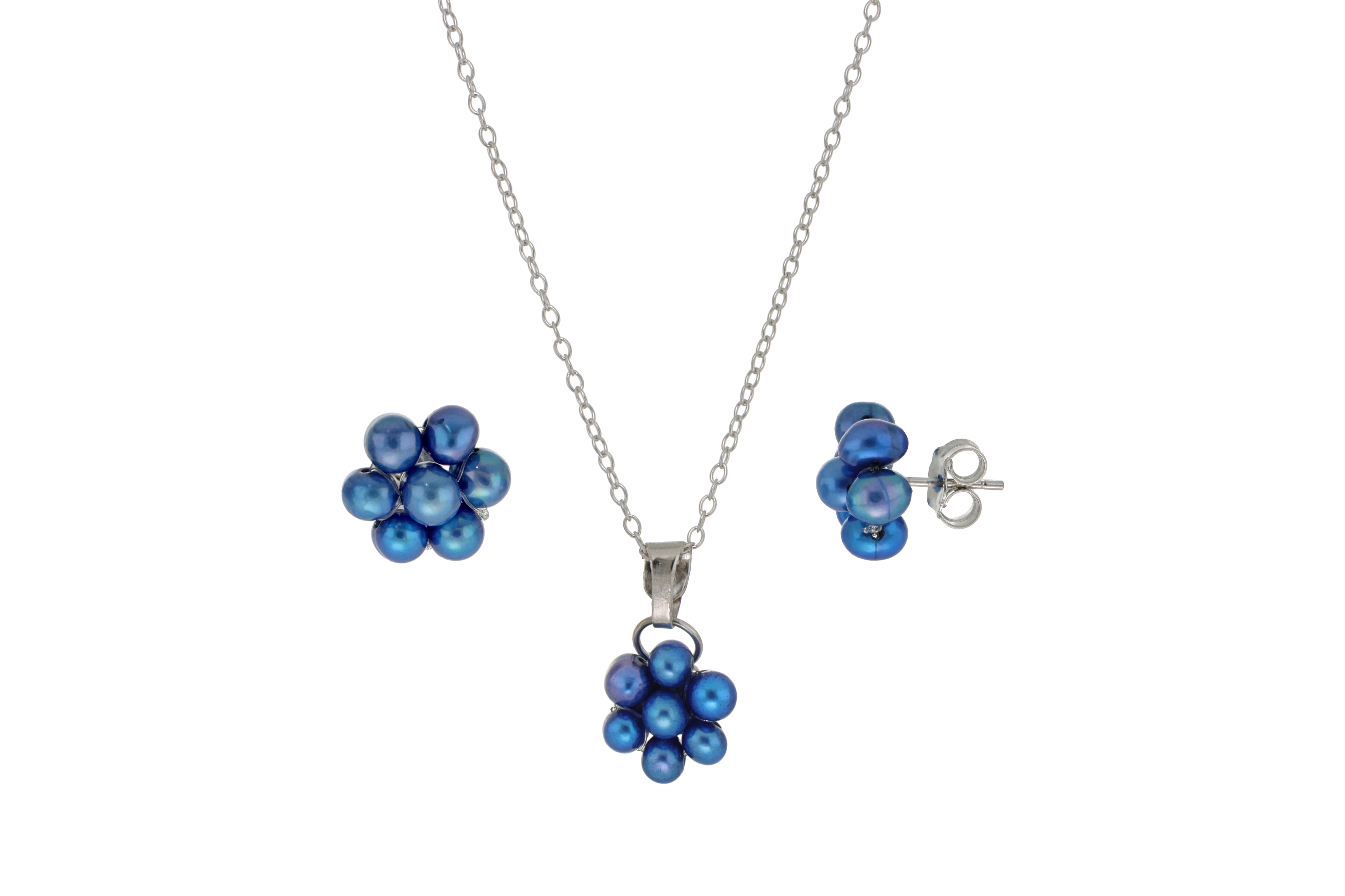 Juego de Aretes y Dije de Perlas Cultivadas Turquesa en Forma de flor en Plata.925 con Cadena de 46cm