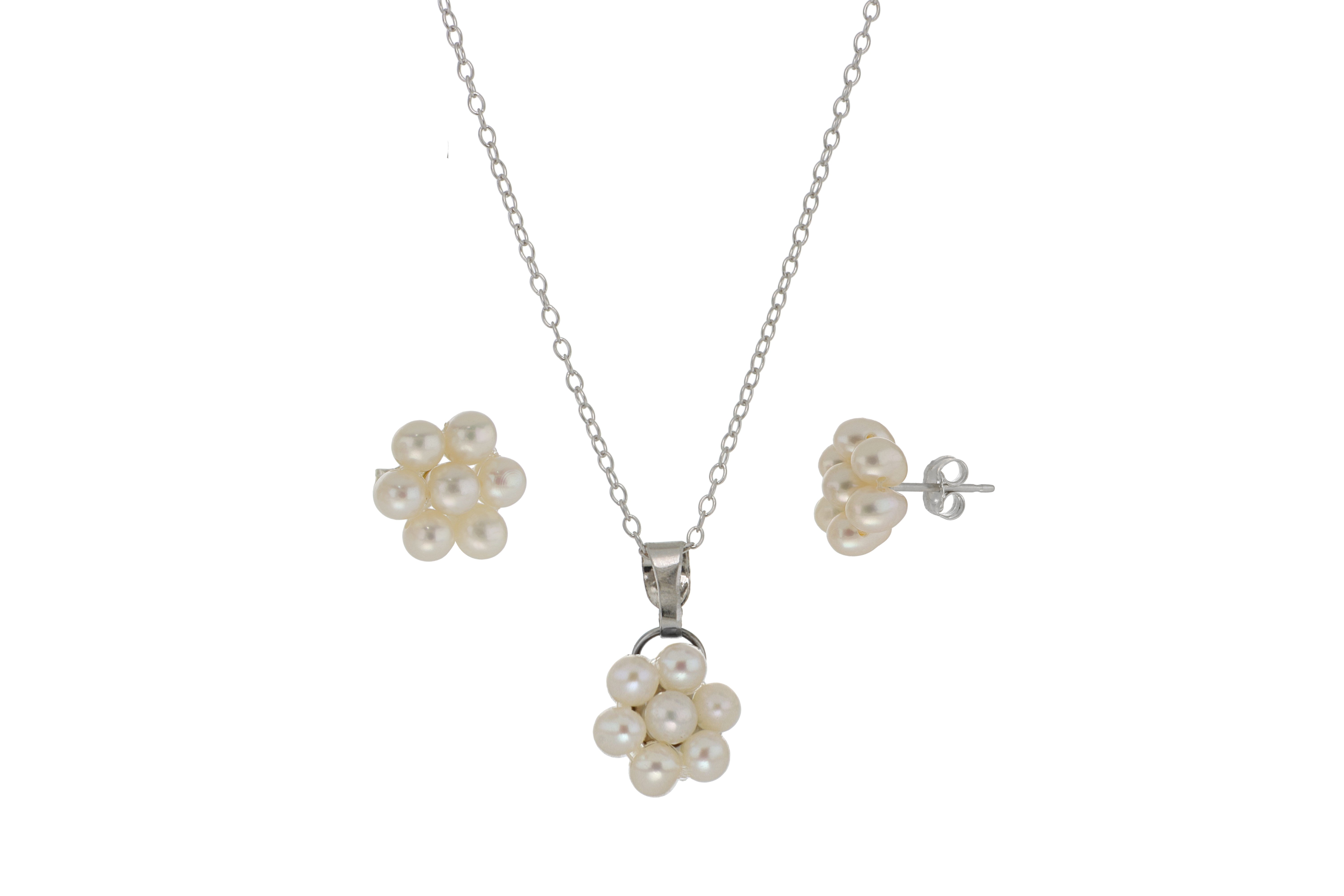 Juego de Aretes y Dije de Perlas Cultivadas Blancas en Forma de flor en Plata.925 con Cadena de 46cm