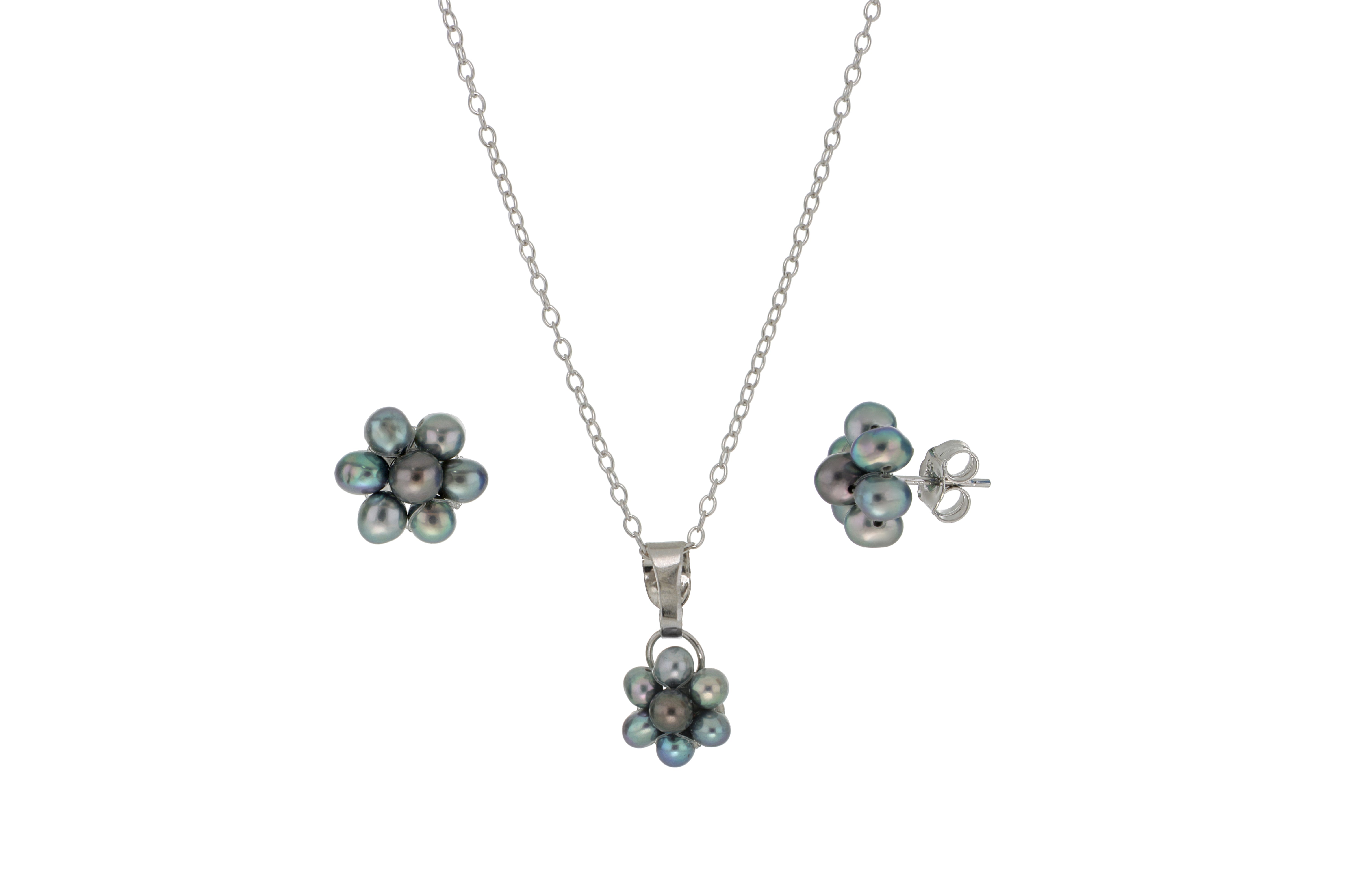 Juego de Aretes y Dije de Perlas Cultivadas Negro Tornasol en Forma de flor en Plata.925 con Cadena de 46cm