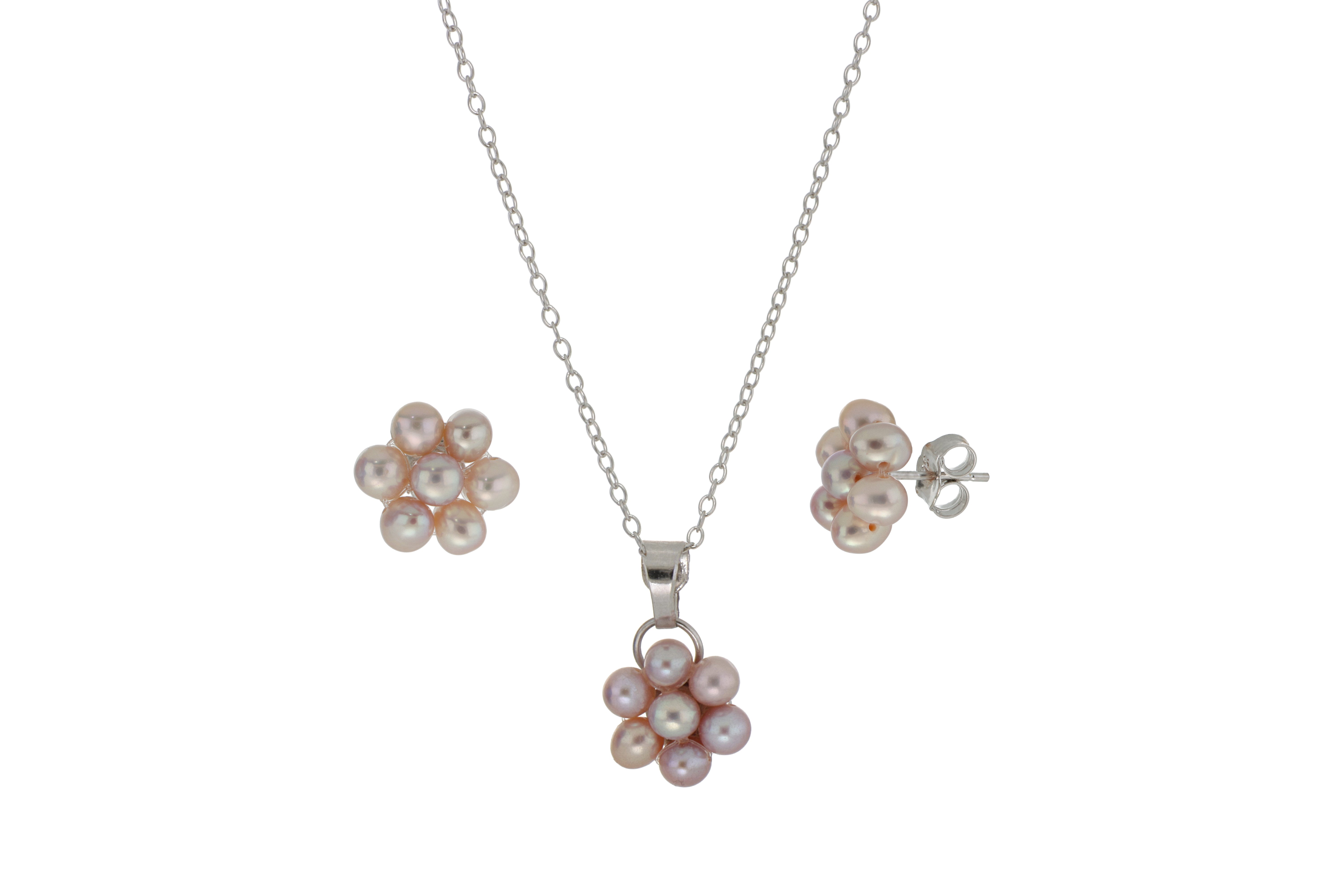 Juego de Aretes y Dije de Perlas Cultivadas Rosa en Forma de flor en Plata.925 con Cadena de 46cm