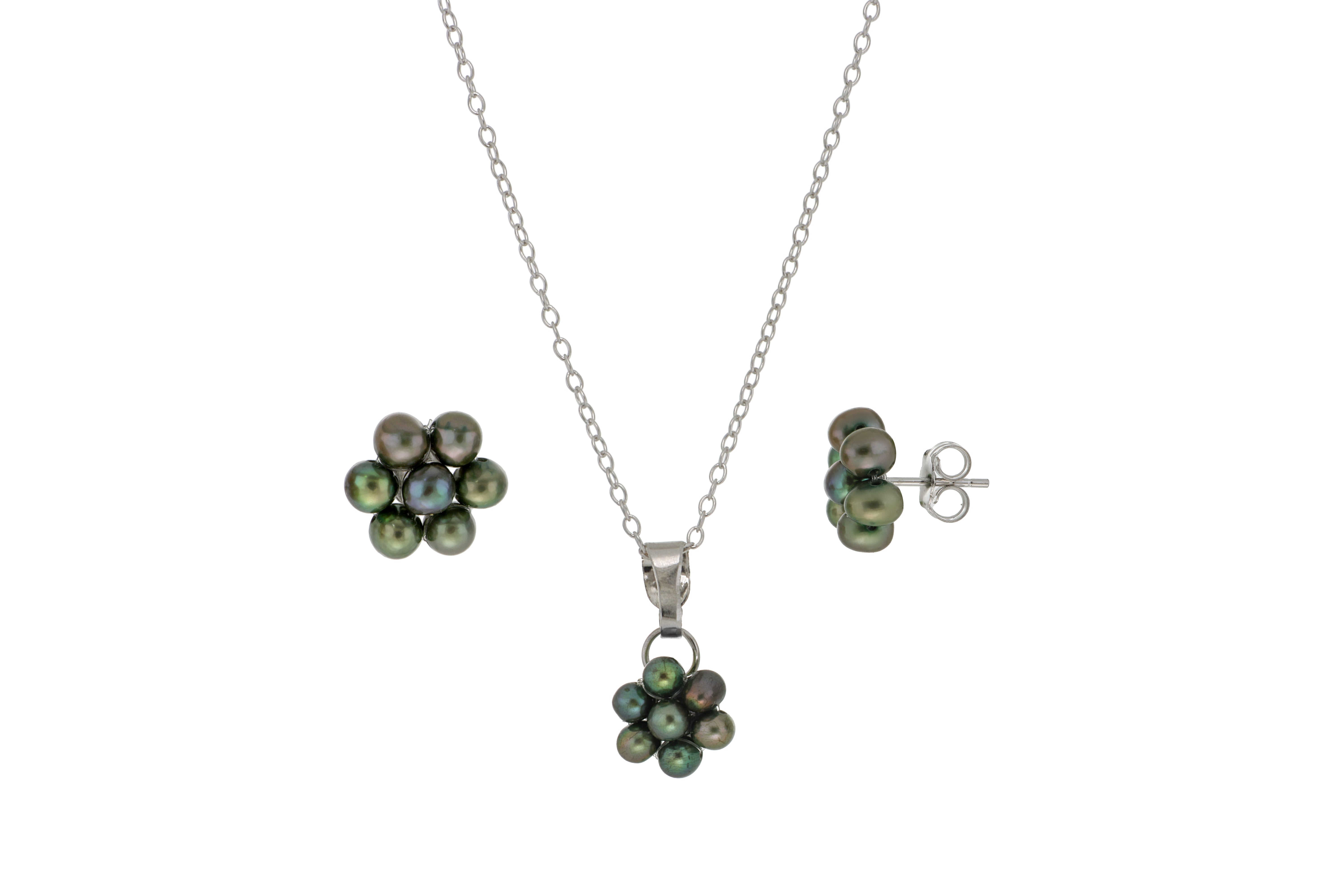 Juego de Aretes y Dije de Perlas Cultivadas Verde en Forma de flor en Plata.925 con Cadena de 46cm