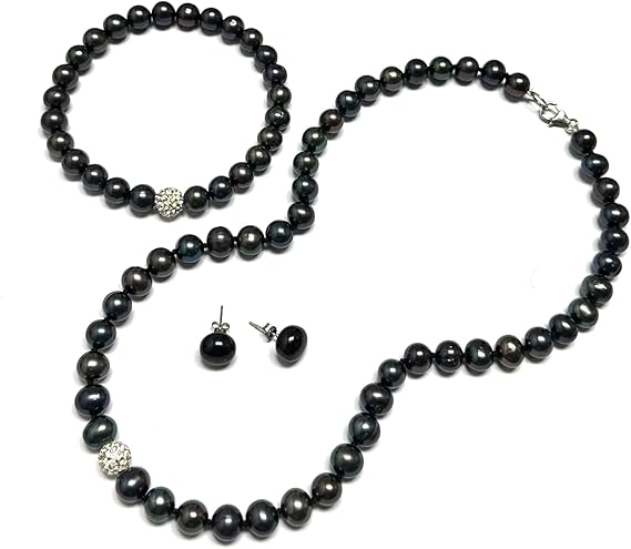 Juego de Collar y Pulsera de Perlas Cultivadas Negro Tornasol, Broqueles de Perla en Plata .925