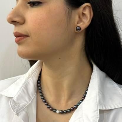 Juego de Collar y Pulsera de Perlas Cultivadas Negro Tornasol, Broqueles de Perla en Plata .925