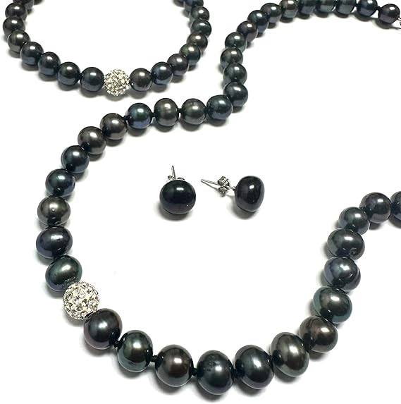 Juego de Collar y Pulsera de Perlas Cultivadas Negro Tornasol, Broqueles de Perla en Plata .925