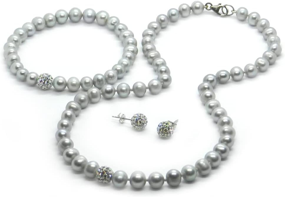 Juego de Collar y Pulsera de Perlas Cultivadas Gris, Broqueles de Cristales en Plata .925