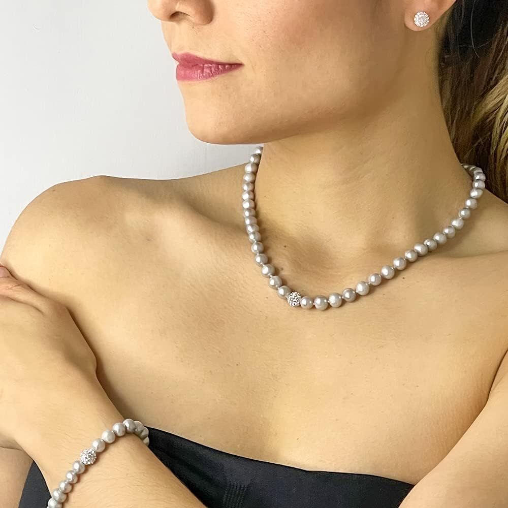 Juego de Collar y Pulsera de Perlas Cultivadas Gris, Broqueles de Cristales en Plata .925