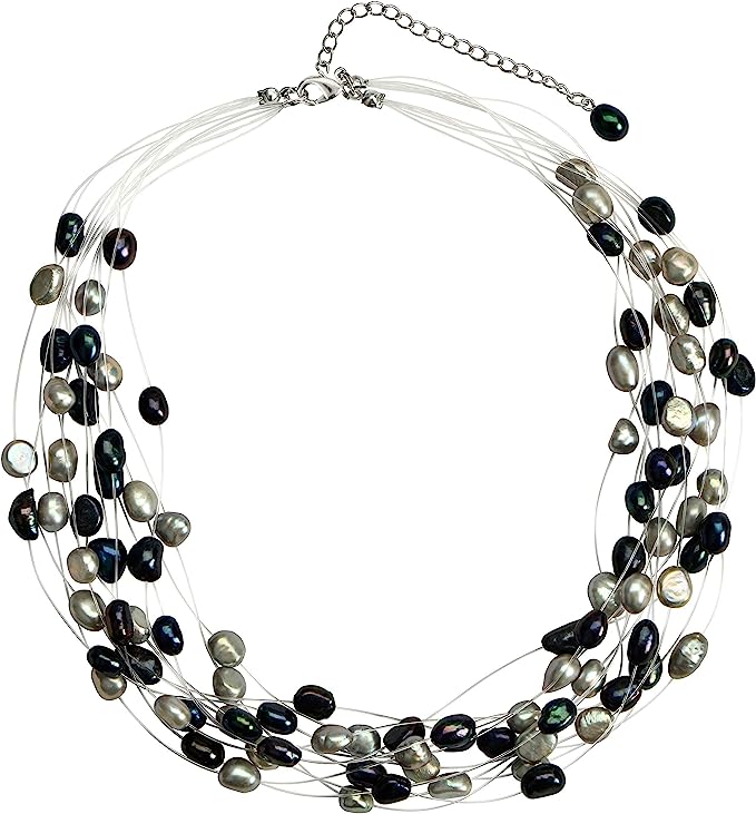 Collar de 12 hilos de Perlas Cultivadas Multi Color en metal con cadena de extension