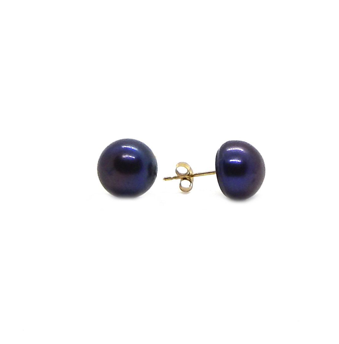 Broquel de Perla Cultivada AAA Boton Tornasol negro en Oro amarillo de 14K