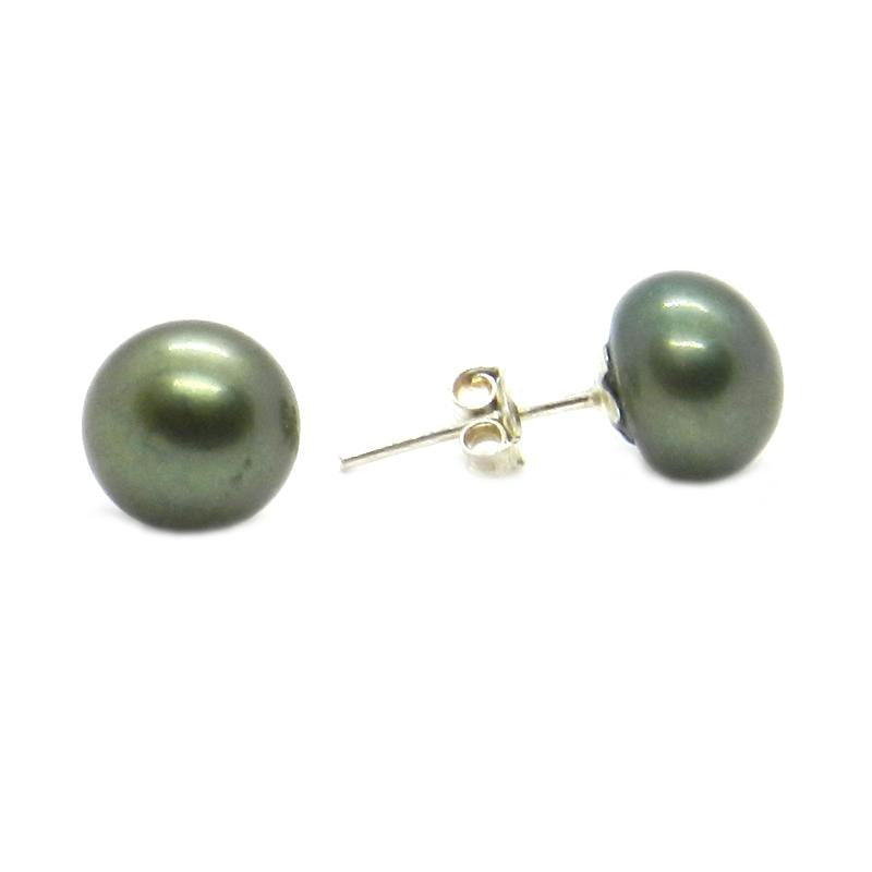 Broquel de Perla Cultivada A 9-10mm Boton Verde Militar en Plata .925