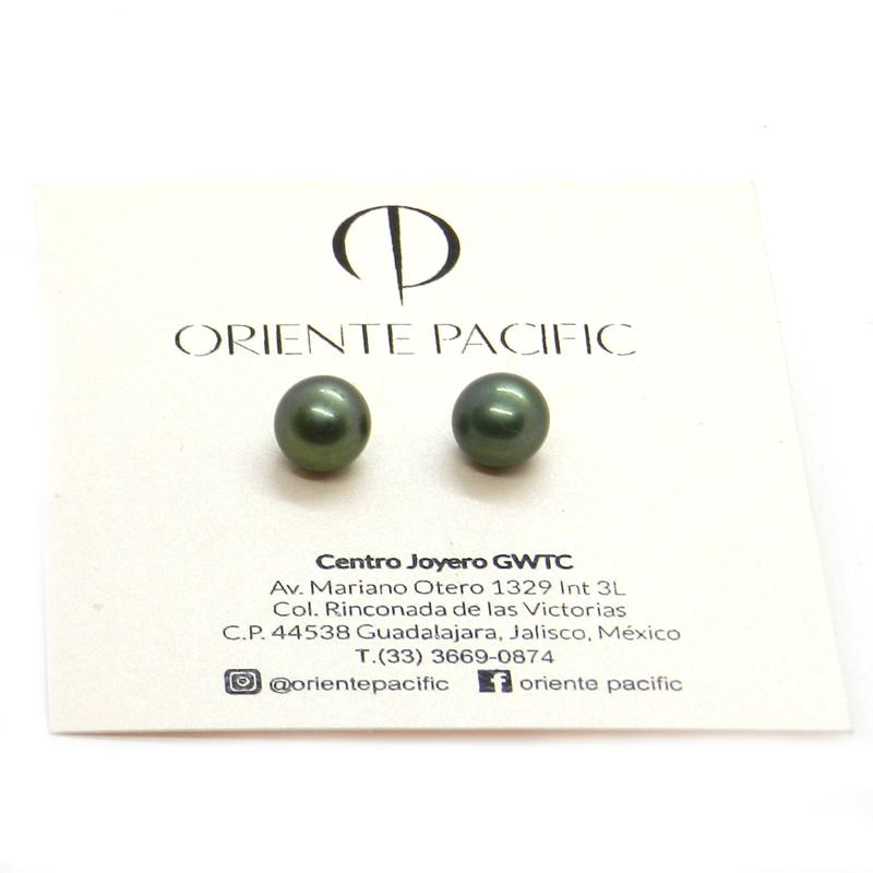 Broquel de Perla Cultivada A 9-10mm Boton Verde Militar en Plata .925