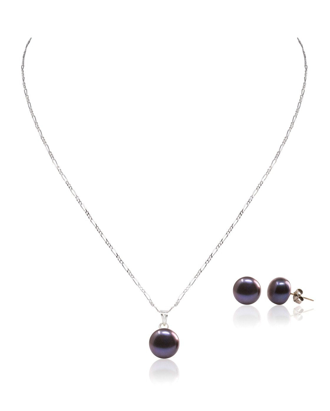 Juego de Aretes y Dije de Perla Cultivada AAA Tornasol Negra de 9-10mm con cadena de Plata .925 Ley