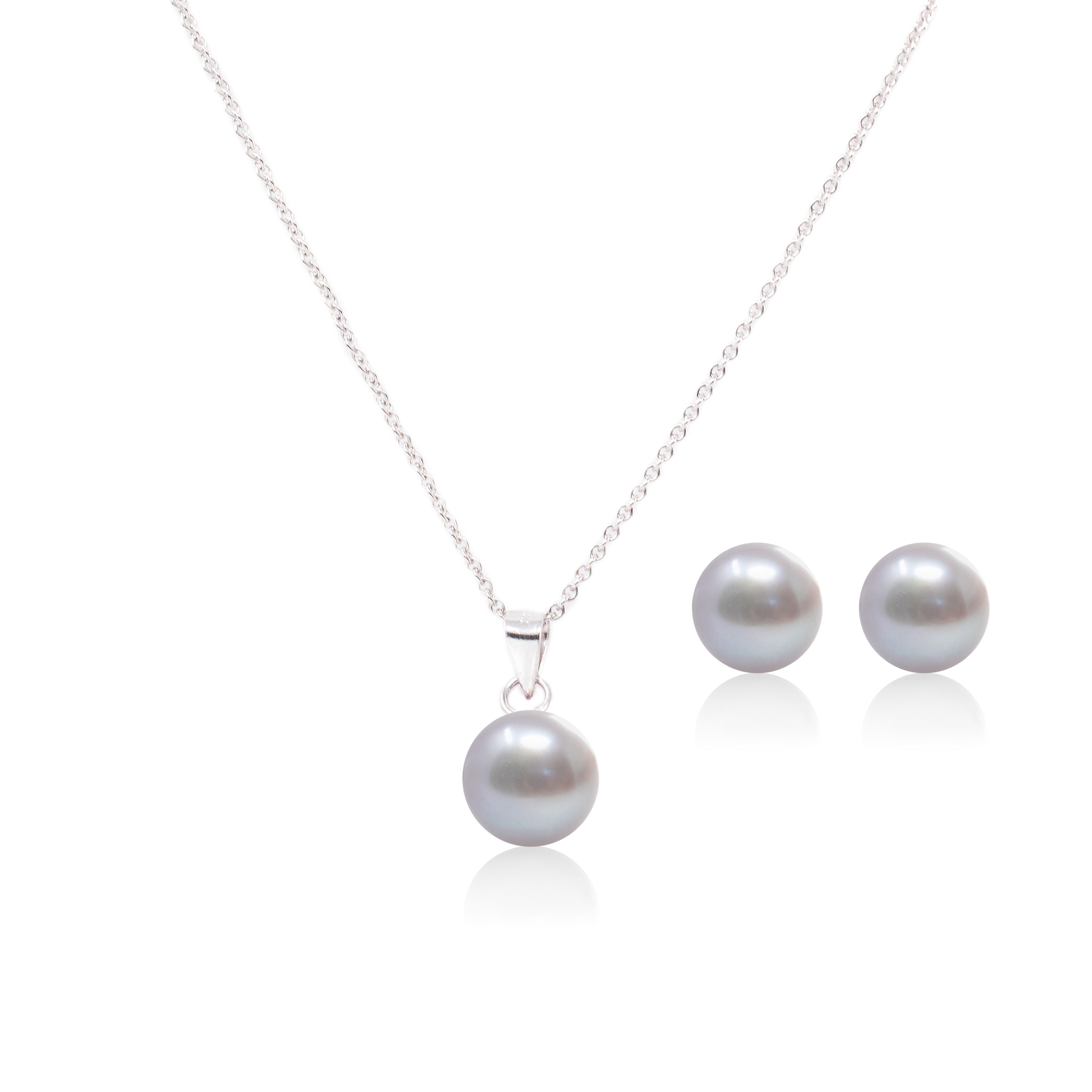 Juego de Aretes y Dije de Perla Cultivada AAA Gris de 9-10mm con cadena de Plata .925 Ley